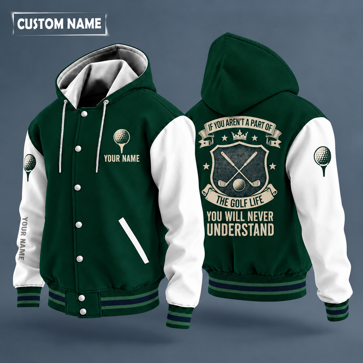 Hooded letterman jacket with white sleeves, crossed golf clubs on the back, "FORE" lettering and a custom name on the chest under a small icon