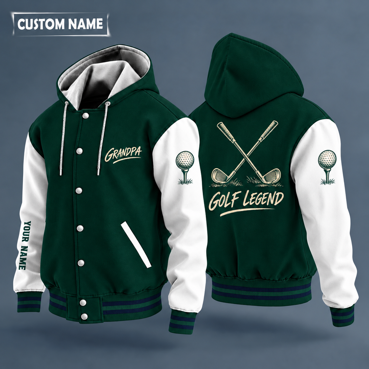 Hooded letterman jacket with white sleeves, crossed golf clubs on the back, "GRANDPA" lettering and a custom name down one sleeve