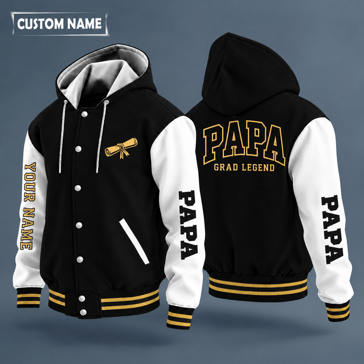 Hooded letterman jacket with white sleeves, mortarboard cap on the back, "PAPA" lettering and a custom name down one sleeve in outlined capitals