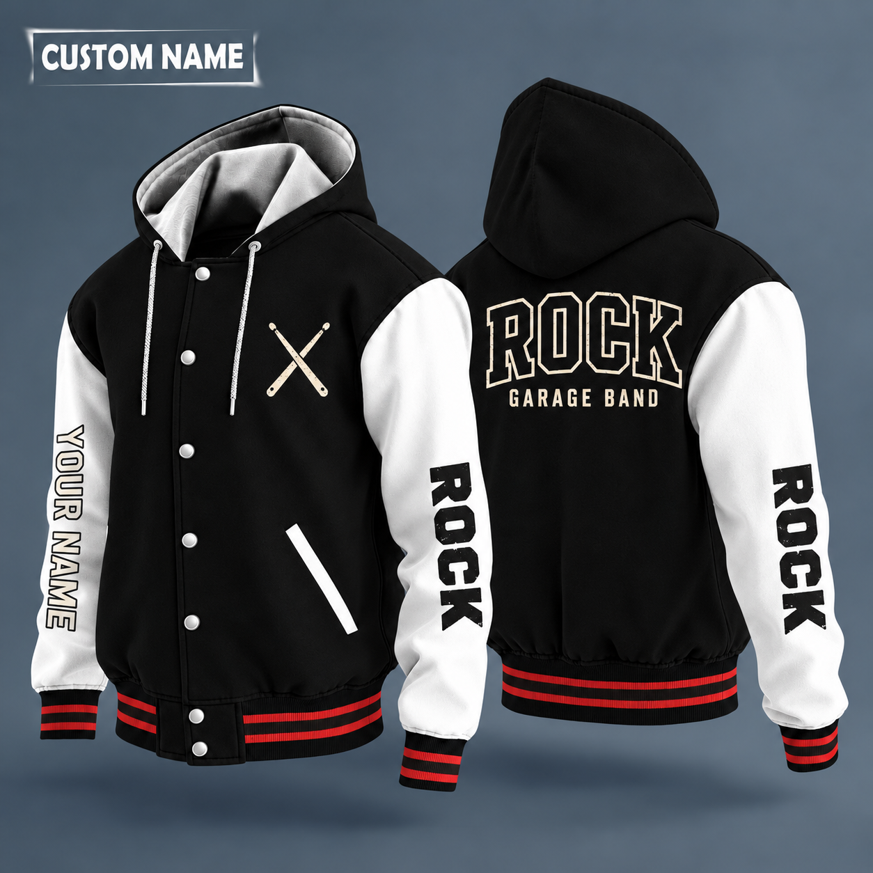 Hooded letterman jacket with white sleeves, electric guitar on the back, "ROCK" lettering and a custom name down one sleeve in outlined capitals