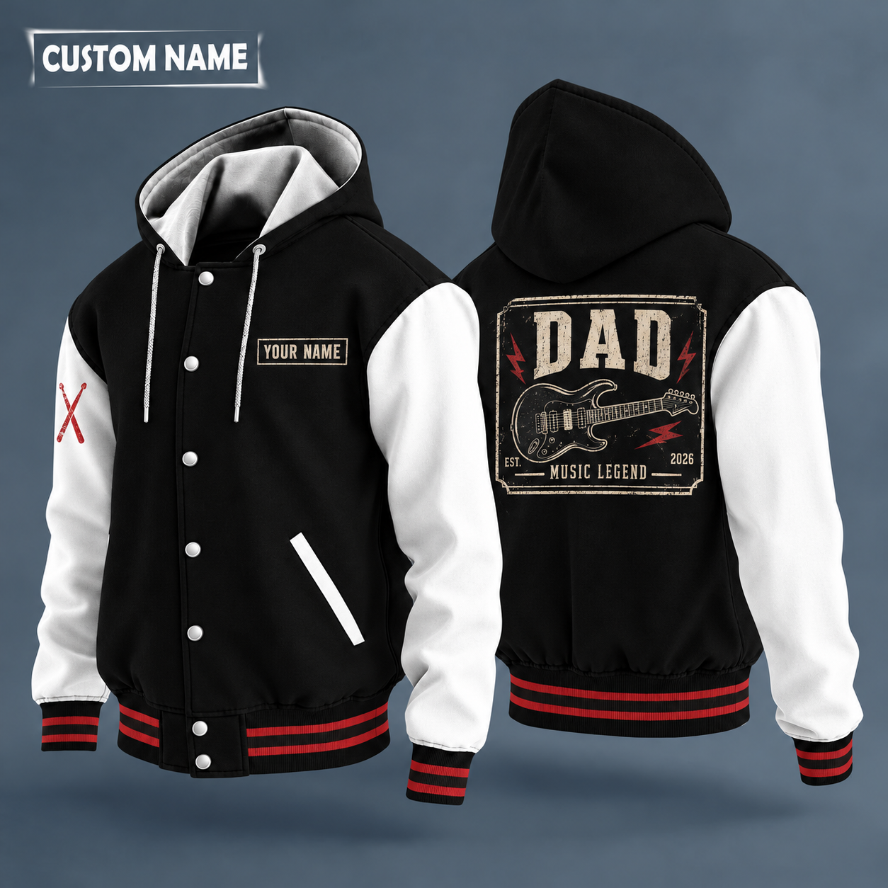 Hooded letterman jacket with white sleeves, electric guitar on the back, "DAD" lettering and a custom name on a work-shirt style name tag print on the chest