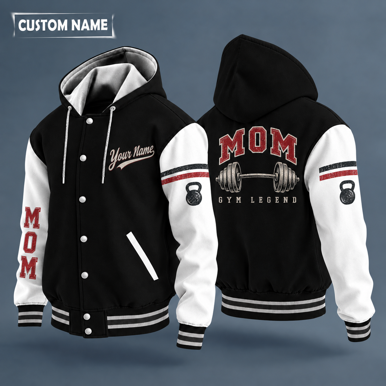 Hooded letterman jacket with white sleeves, barbell on the back, "MOM" lettering and a custom name in script on the chest