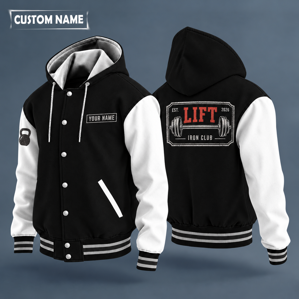 Hooded letterman jacket with white sleeves, barbell on the back, "LIFT" lettering and a custom name on a work-shirt style name tag print on the chest