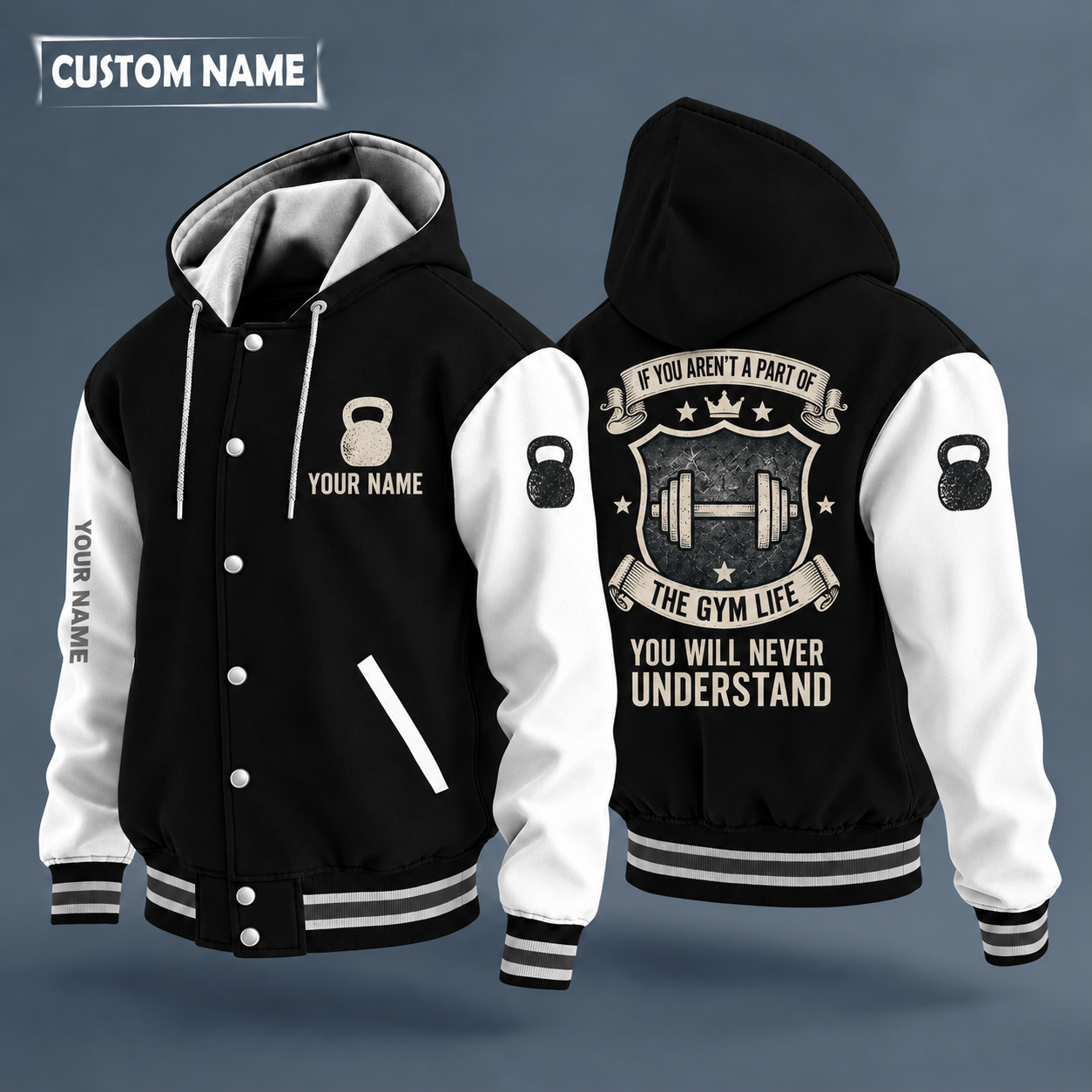 Hooded letterman jacket with white sleeves, barbell on the back, "IRON" lettering and a custom name on the chest under a small icon
