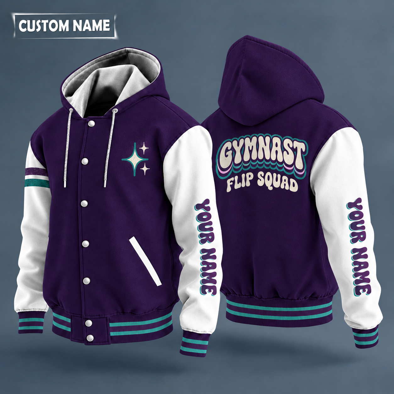 Hooded letterman jacket with white sleeves, gymnast on the back, "GYMNAST" lettering and a custom name down one sleeve in a retro font