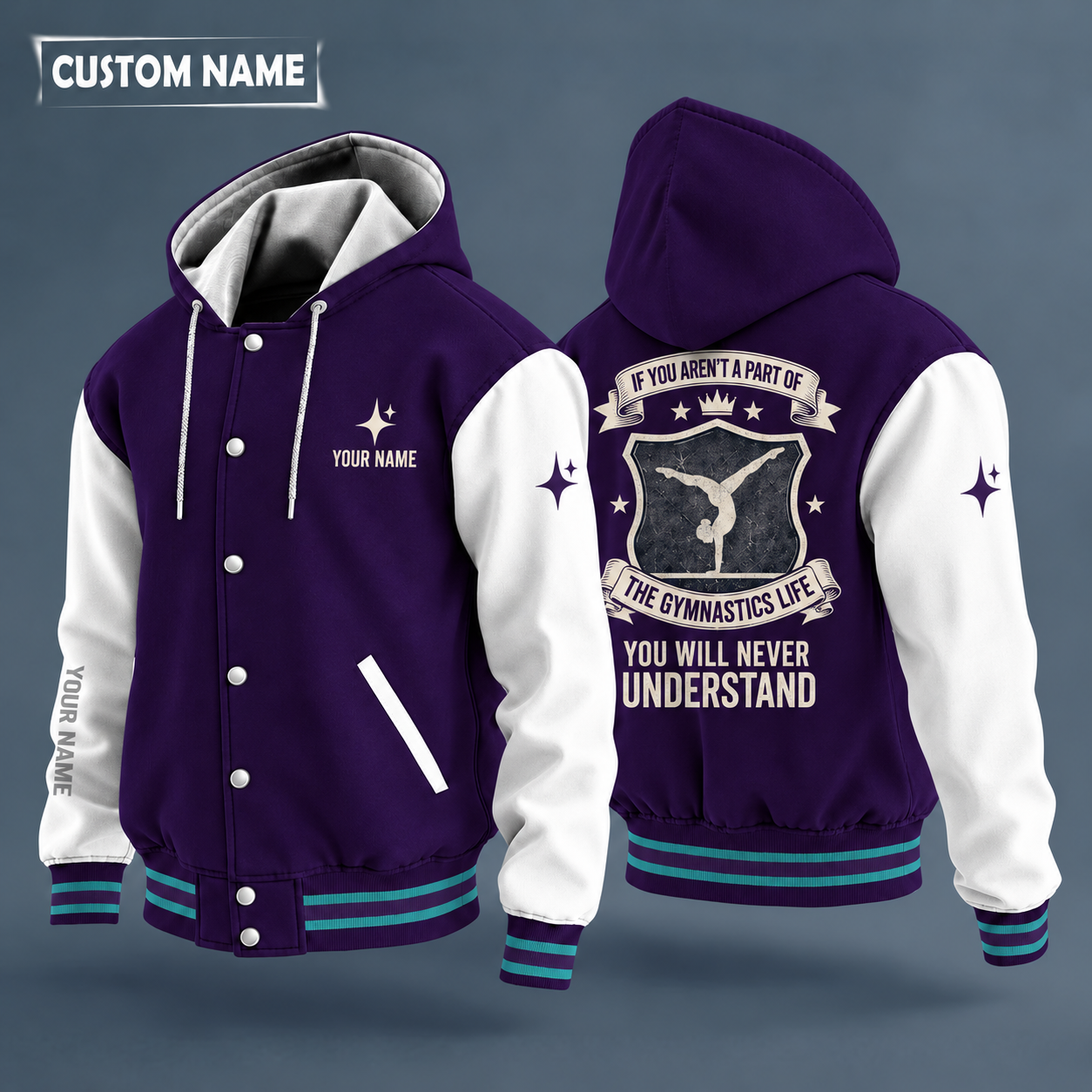 Hooded letterman jacket with white sleeves, gymnast on the back, "PAPA" lettering and a custom name on the chest under a small icon