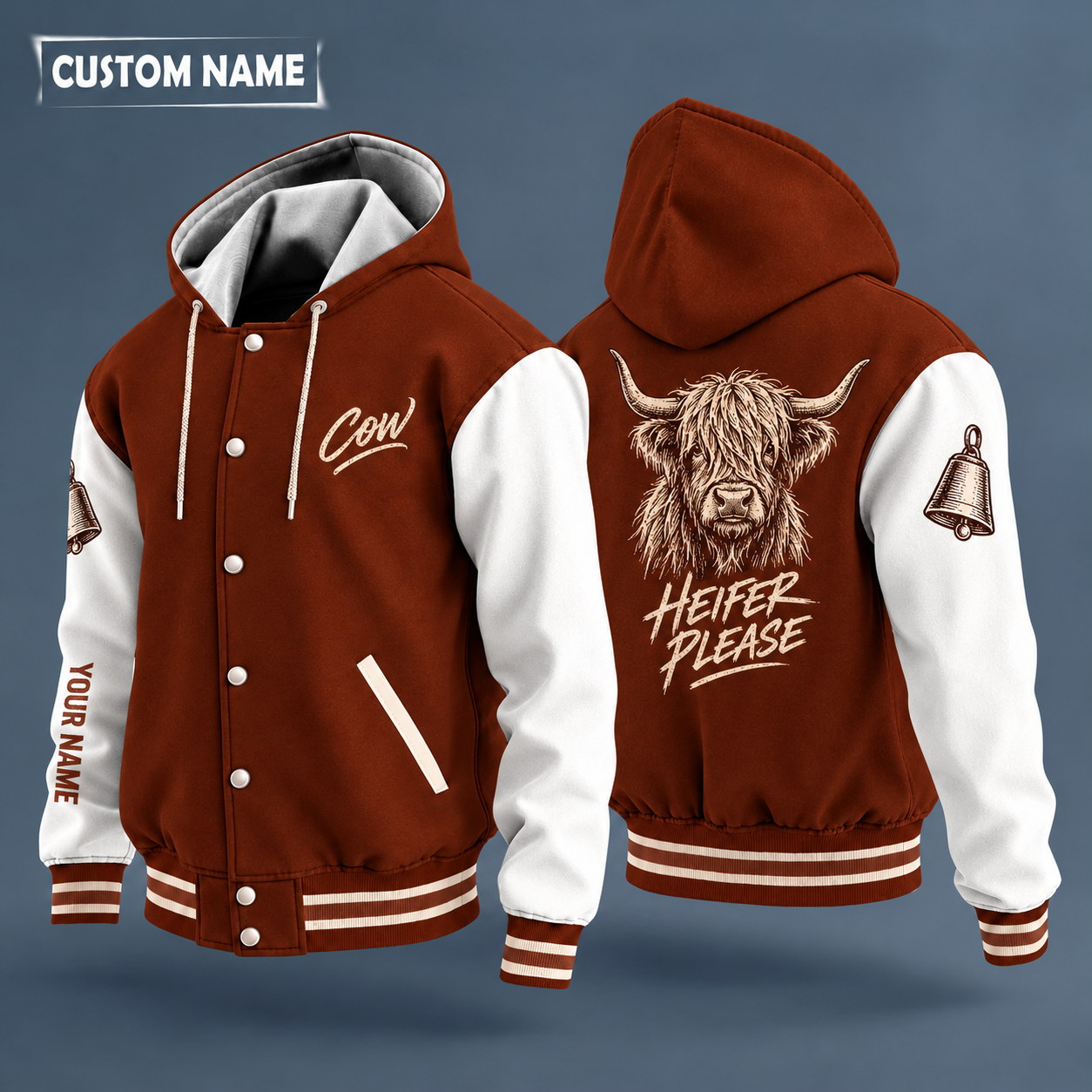 Hooded letterman jacket with white sleeves, highland cow head with long fringe on the back, "COW" lettering and a custom name down one sleeve