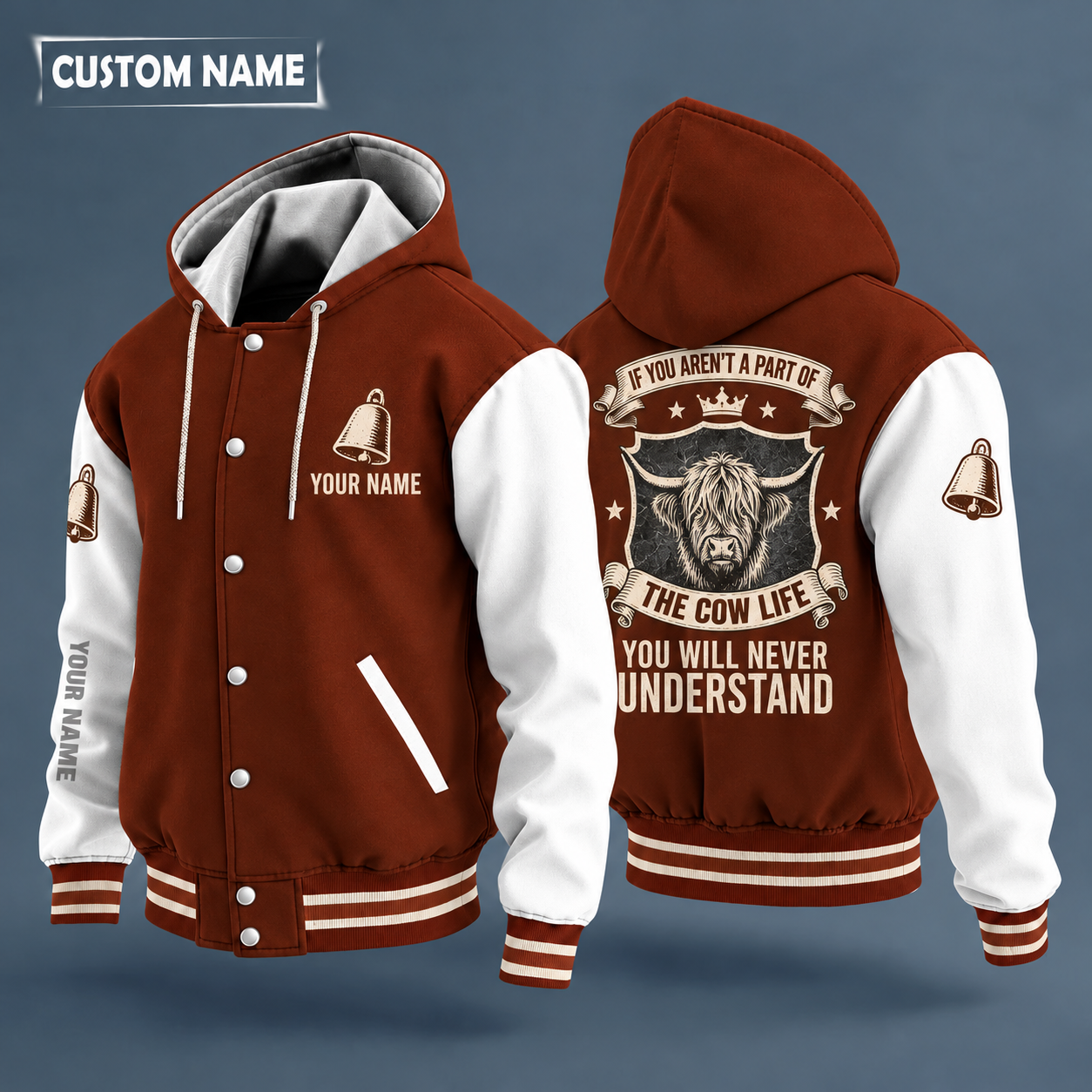 Hooded letterman jacket with white sleeves, highland cow head with long fringe on the back, "MOO" lettering and a custom name on the chest under a small icon