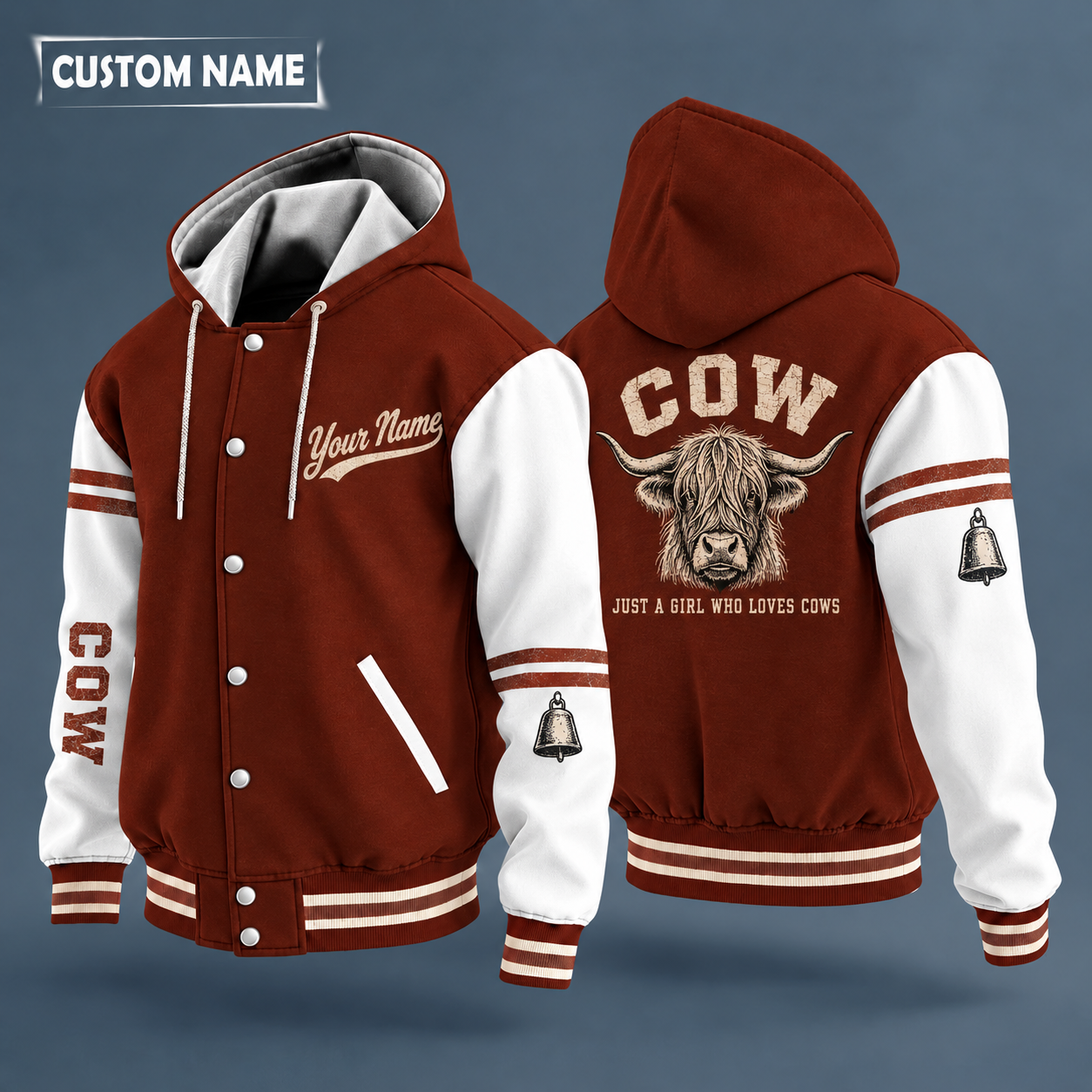 Hooded letterman jacket with white sleeves, highland cow head with long fringe on the back, "COW" lettering and a custom name in script on the chest