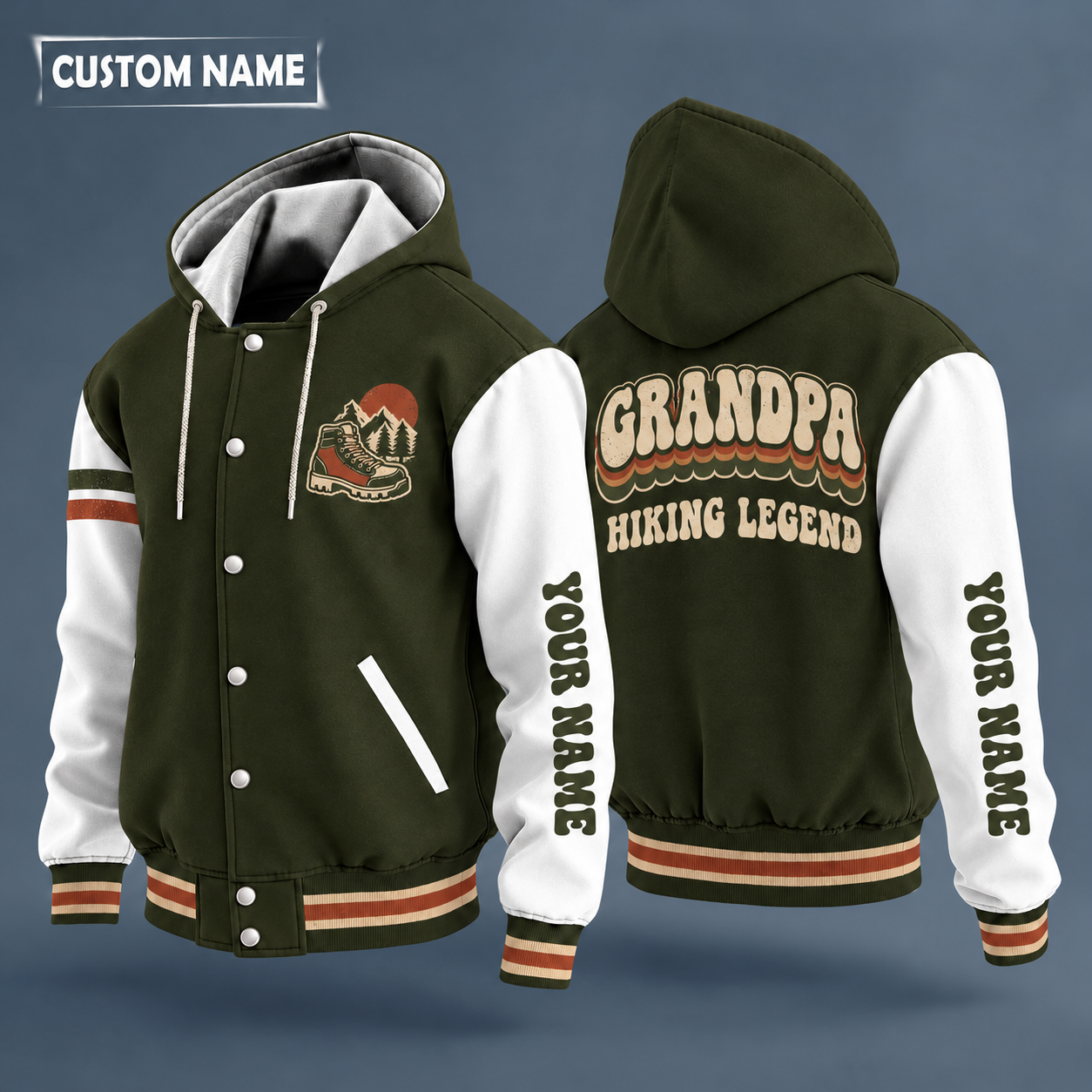 Hooded letterman jacket with white sleeves, mountain peak on the back, "GRANDPA" lettering and a custom name down one sleeve in a retro font