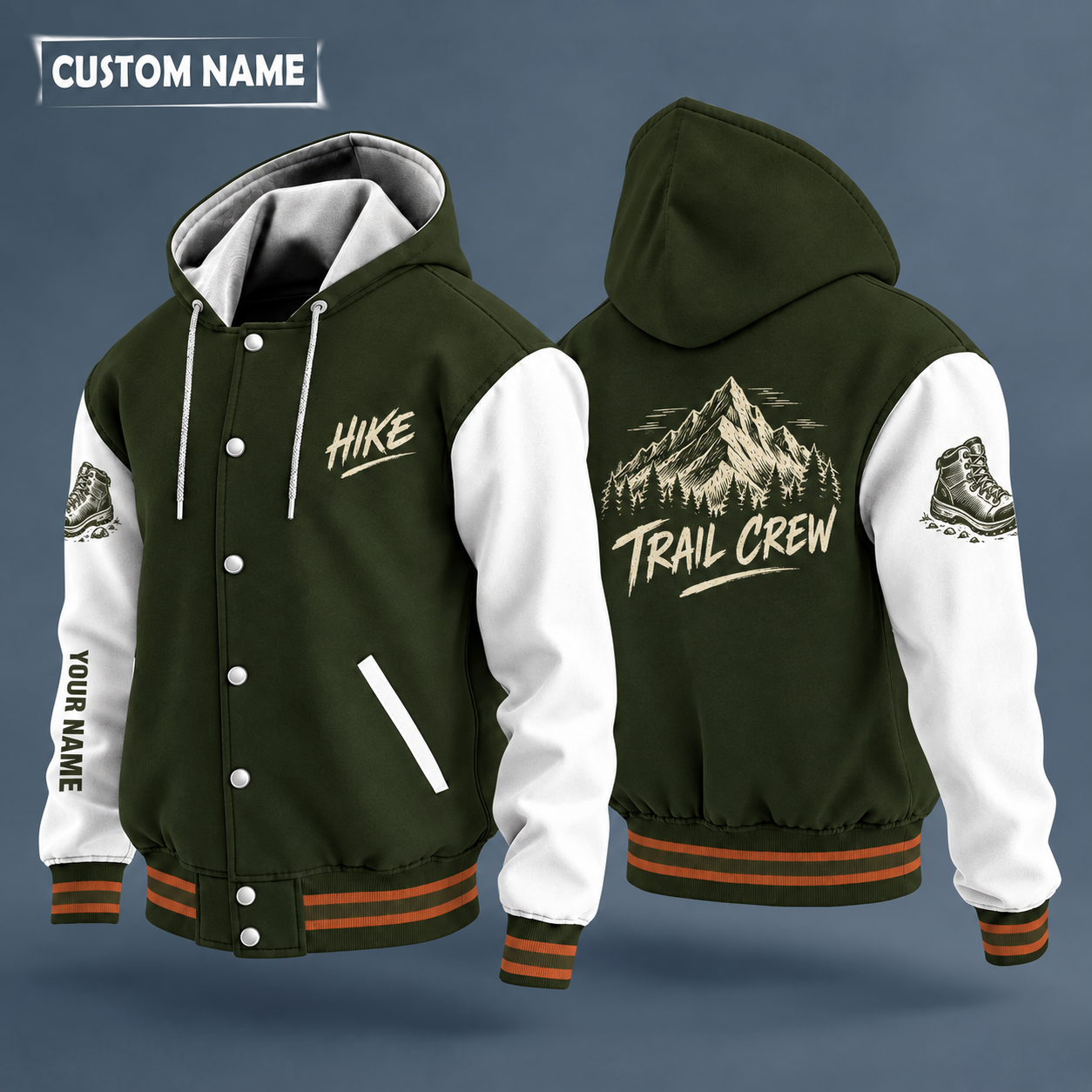 Hooded letterman jacket with white sleeves, mountain peak on the back, "HIKE" lettering and a custom name down one sleeve
