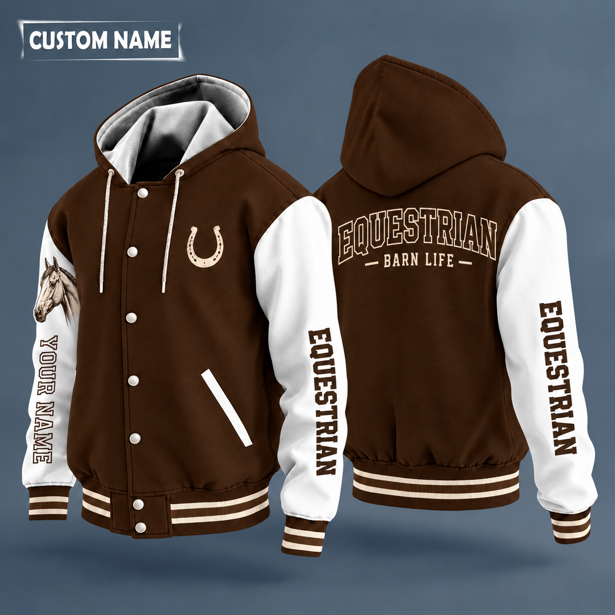 Hooded letterman jacket with white sleeves, realistic side-view horse head in fine line art, calm, not a sports mascot on the back, "EQUESTRIAN" lettering and a custom name down one sleeve in outlined capitals