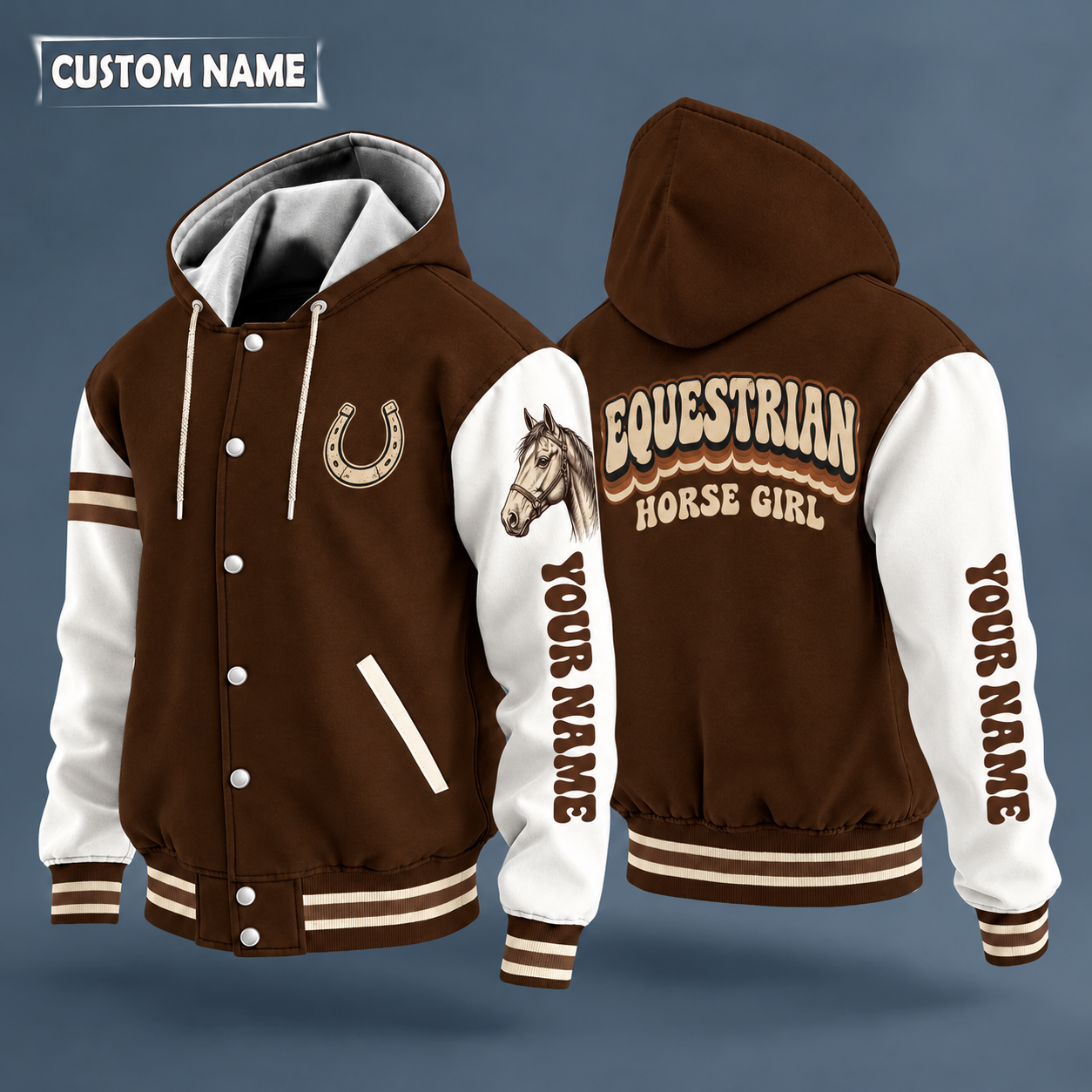 Hooded letterman jacket with white sleeves, realistic side-view horse head in fine line art, calm, not a sports mascot on the back, "EQUESTRIAN" lettering and a custom name down one sleeve in a retro font
