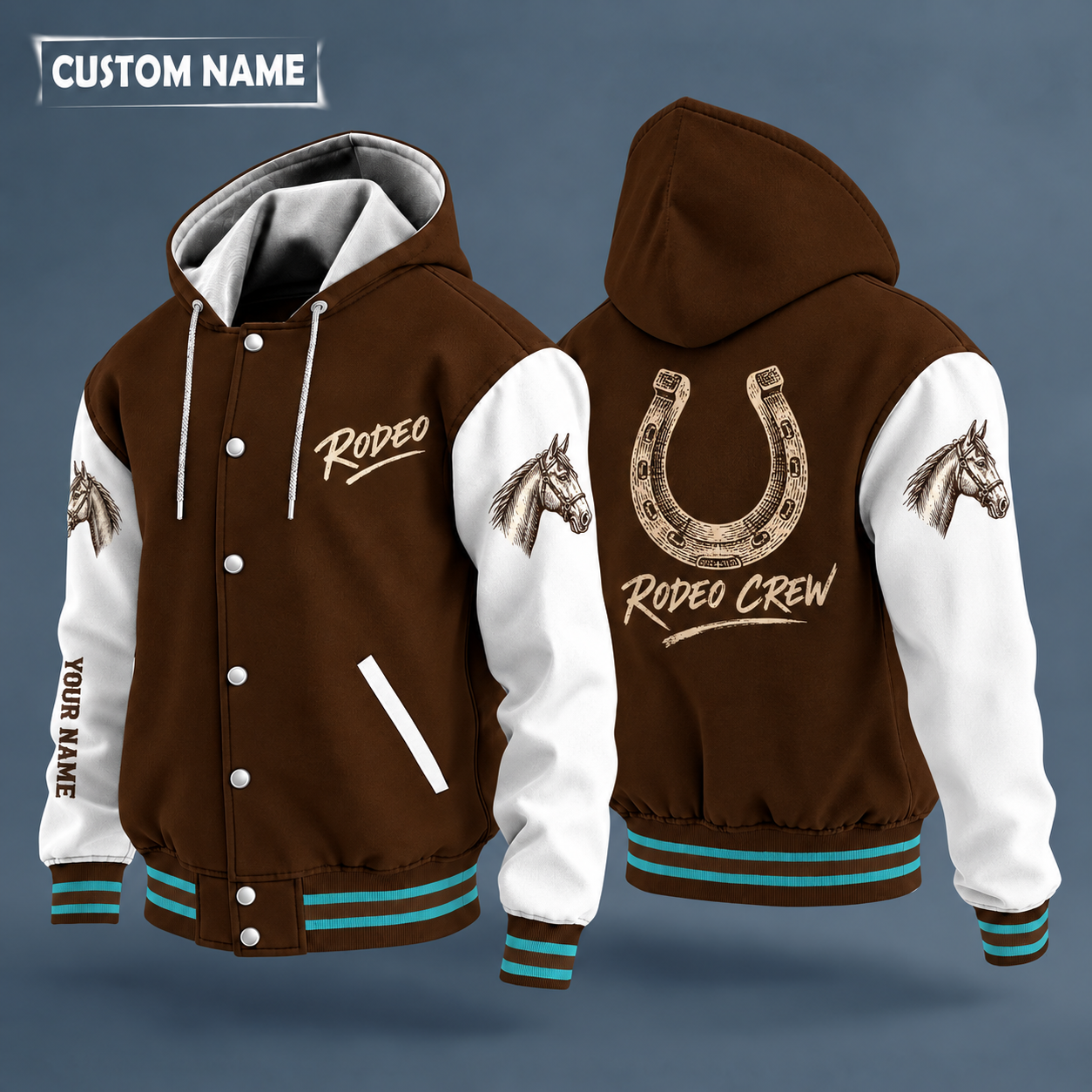 Hooded letterman jacket with white sleeves, horseshoe on the back, "RODEO" lettering and a custom name down one sleeve
