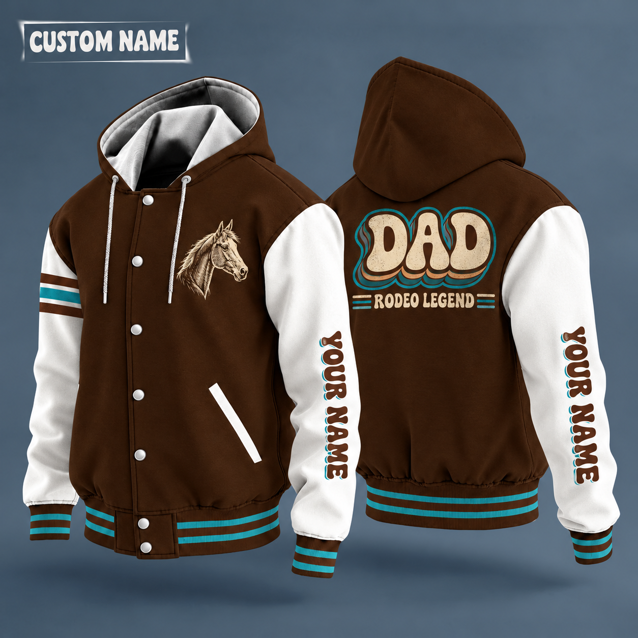 Hooded letterman jacket with white sleeves, horseshoe on the back, "DAD" lettering and a custom name down one sleeve in a retro font