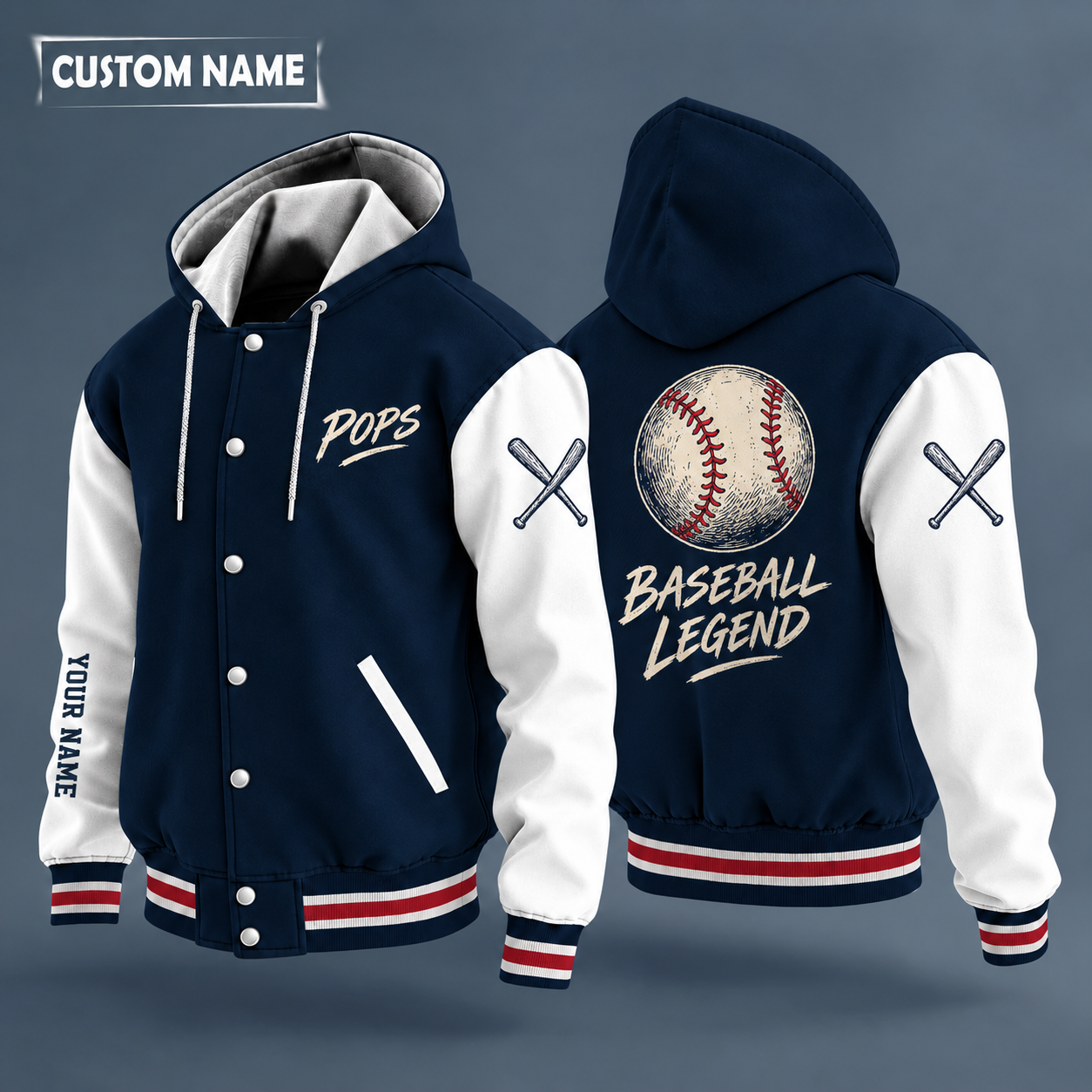 Hooded letterman jacket with white sleeves, baseball with red stitches on the back, "POPS" lettering and a custom name down one sleeve