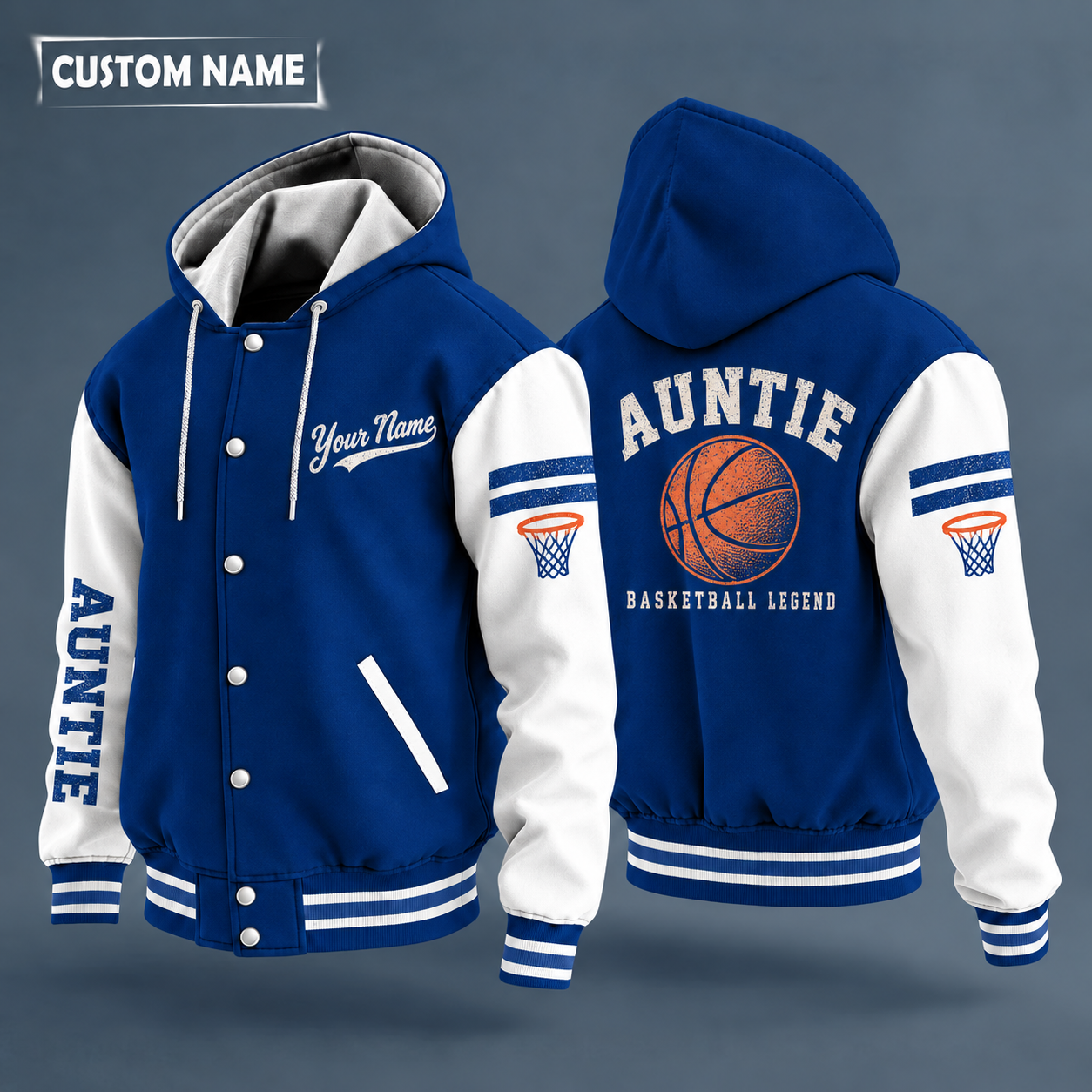 Hooded letterman jacket with white sleeves, basketball on the back, "AUNTIE" lettering and a custom name in script on the chest