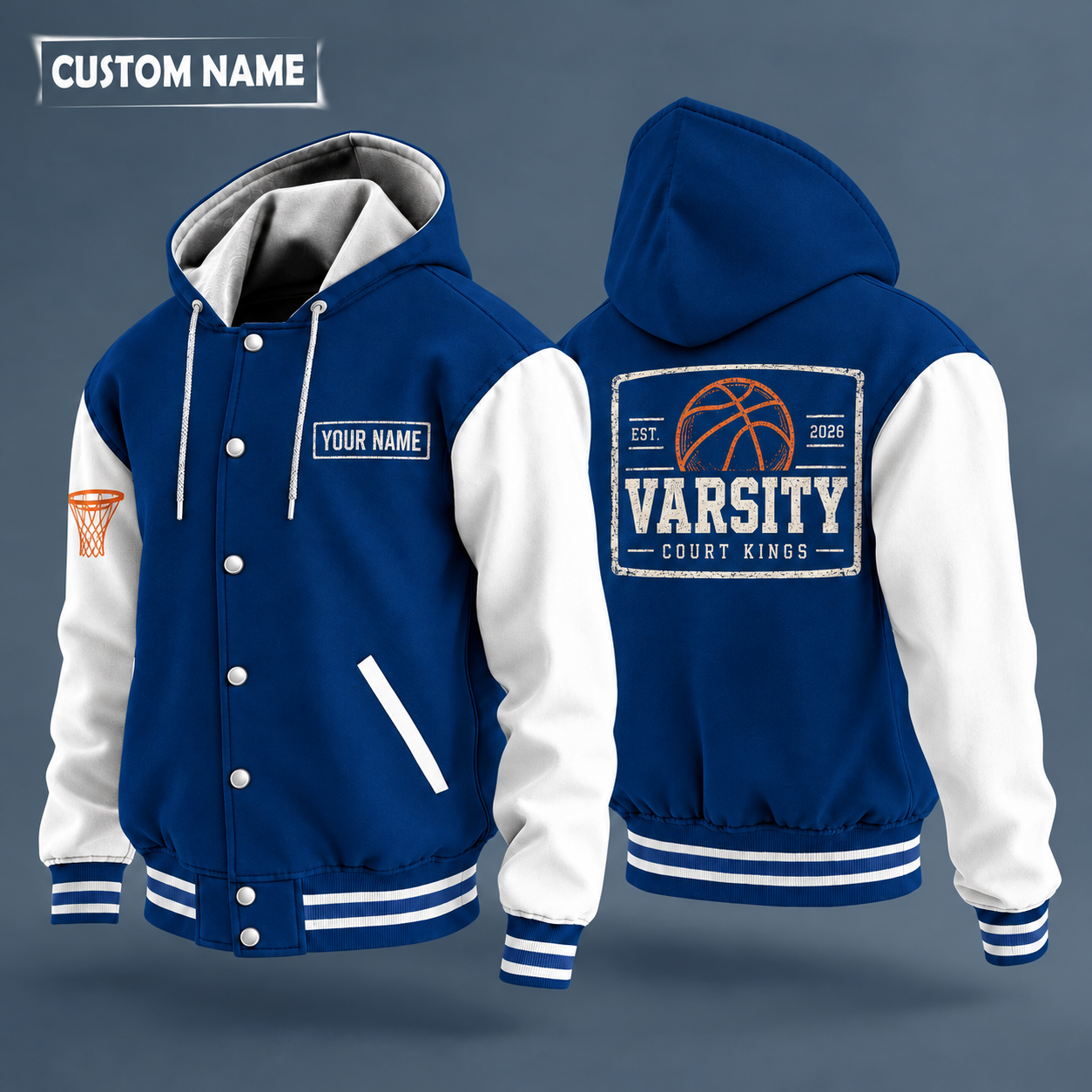 Hooded letterman jacket with white sleeves, basketball on the back, "VARSITY" lettering and a custom name on a work-shirt style name tag print on the chest