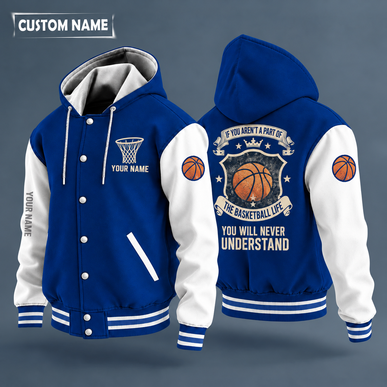 Hooded letterman jacket with white sleeves, basketball on the back, "HOOPS" lettering and a custom name on the chest under a small icon