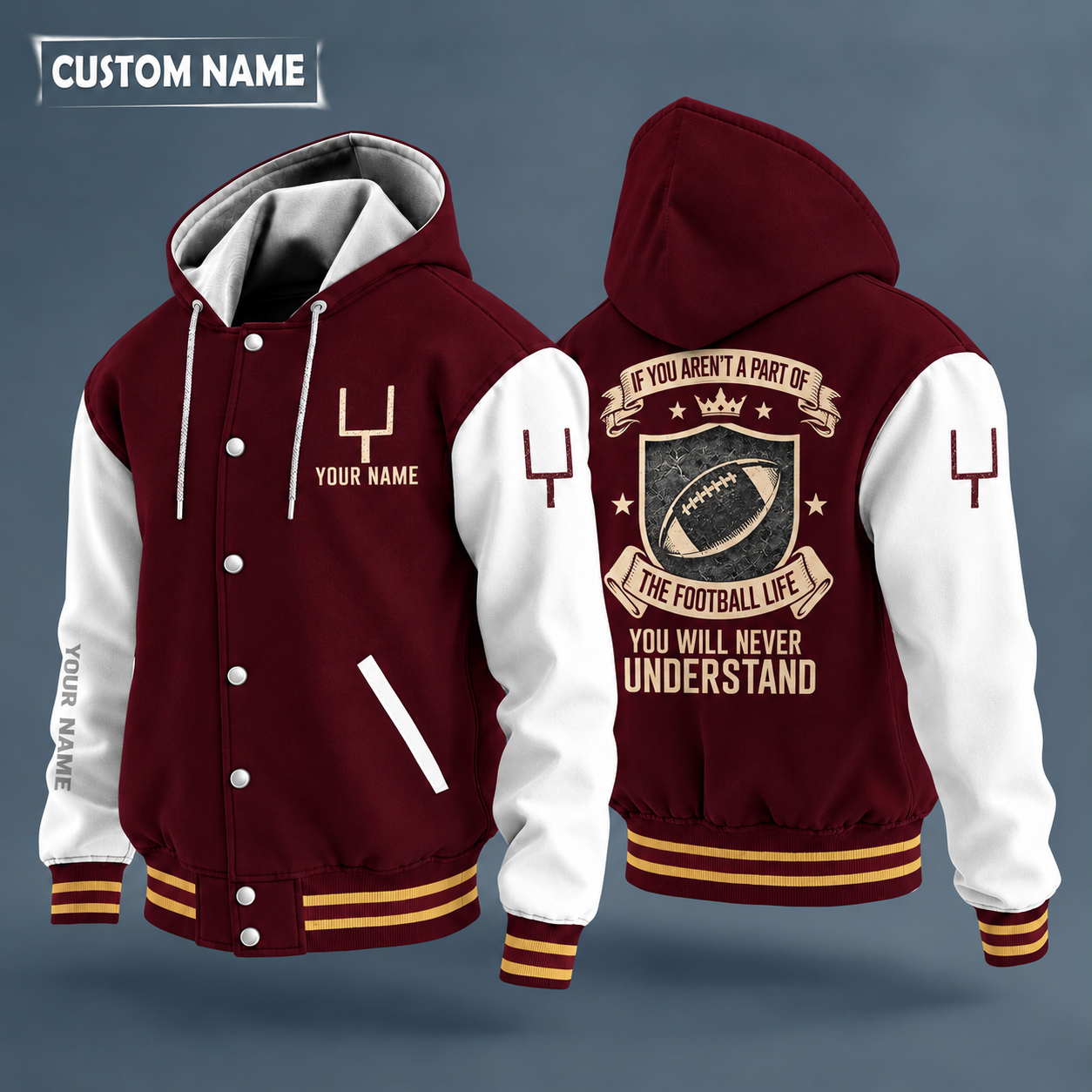 Hooded letterman jacket with white sleeves, american football on the back, "VARSITY" lettering and a custom name on the chest under a small icon