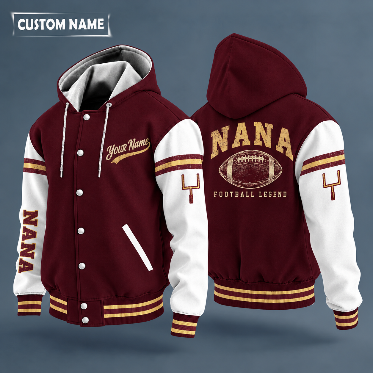 Hooded letterman jacket with white sleeves, american football on the back, "NANA" lettering and a custom name in script on the chest