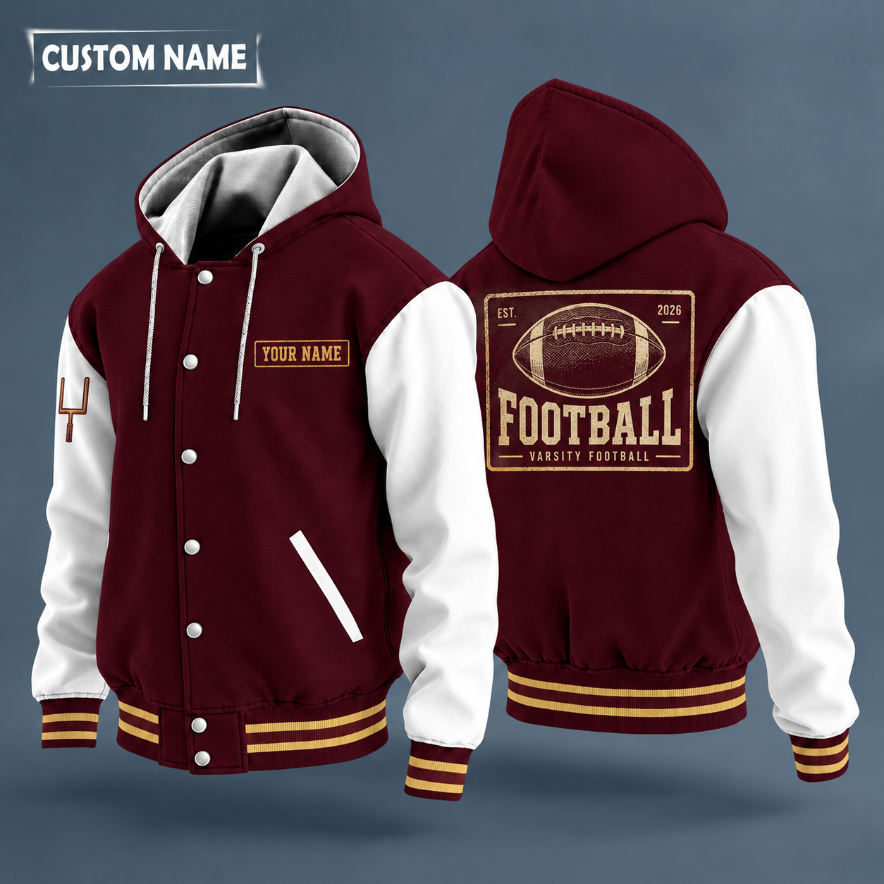 Hooded letterman jacket with white sleeves, american football on the back, "FOOTBALL" lettering and a custom name on a work-shirt style name tag print on the chest