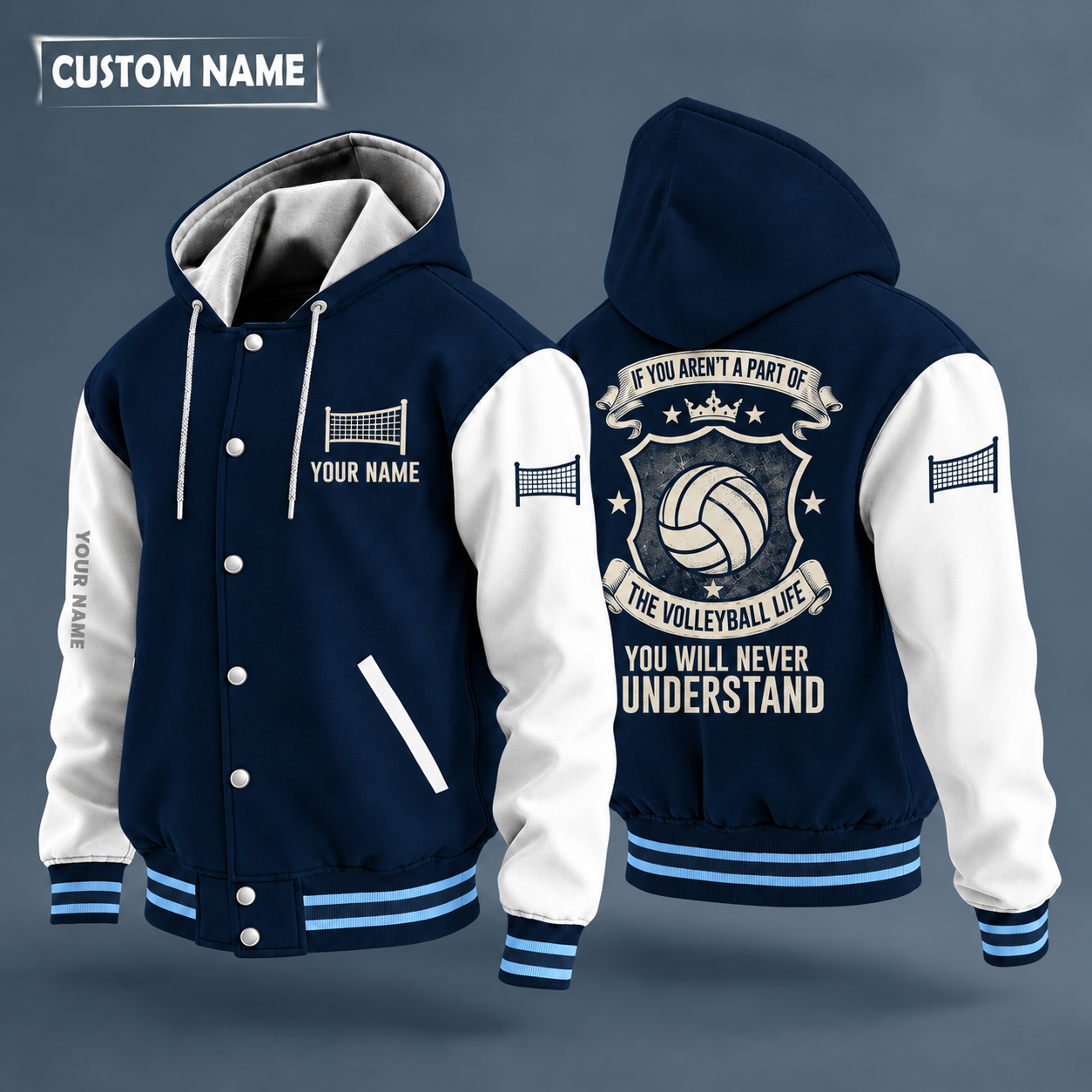 Hooded letterman jacket with white sleeves, volleyball on the back, "VOLLEY" lettering and a custom name on the chest under a small icon