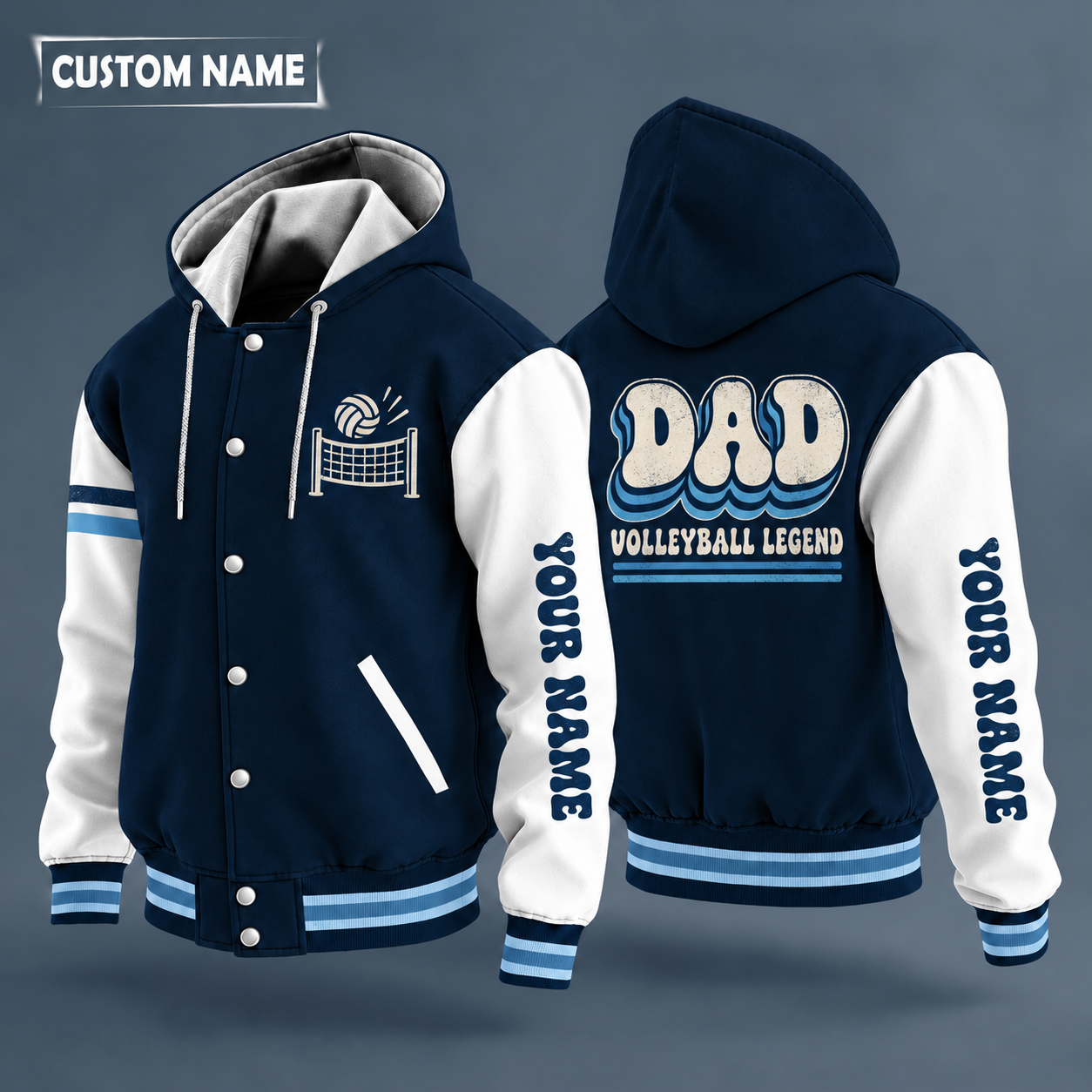 Hooded letterman jacket with white sleeves, volleyball on the back, "DAD" lettering and a custom name down one sleeve in a retro font