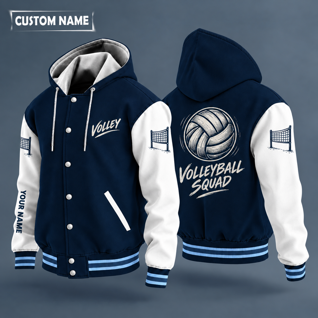 Hooded letterman jacket with white sleeves, volleyball on the back, "VOLLEY" lettering and a custom name down one sleeve