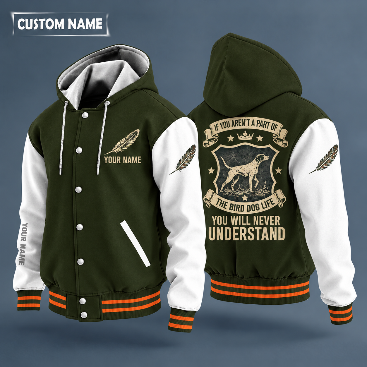 Hooded letterman jacket with white sleeves, pointer dog on the back, "LAB" lettering and a custom name on the chest under a small icon