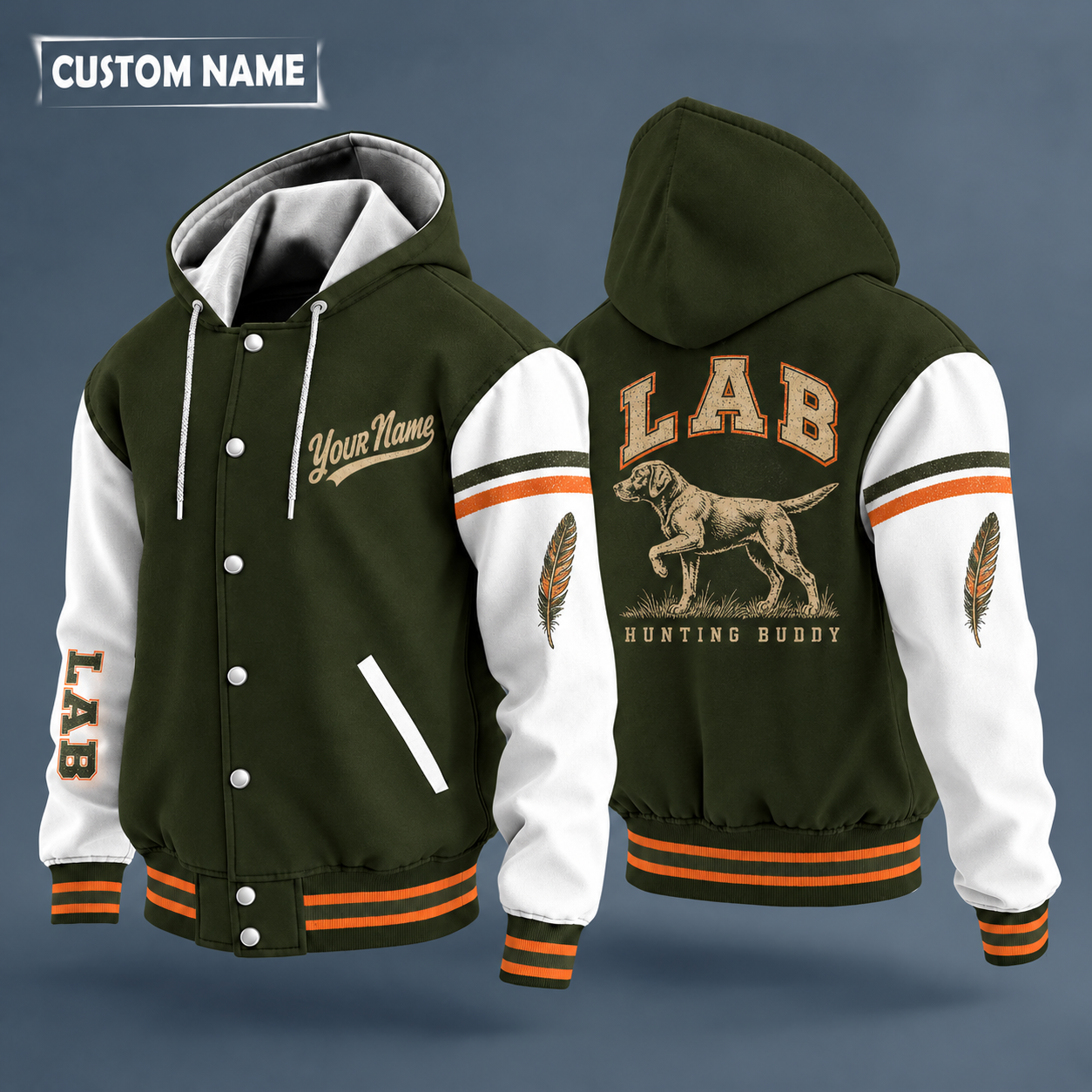 Hooded letterman jacket with white sleeves, pointer dog on the back, "LAB" lettering and a custom name in script on the chest