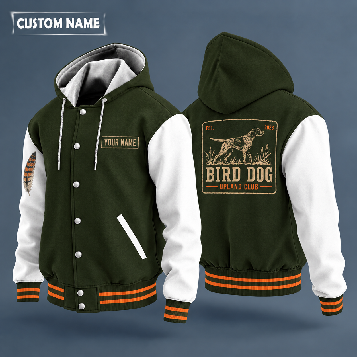 Hooded letterman jacket with white sleeves, pointer dog on the back, "BIRD DOG" lettering and a custom name on a work-shirt style name tag print on the chest