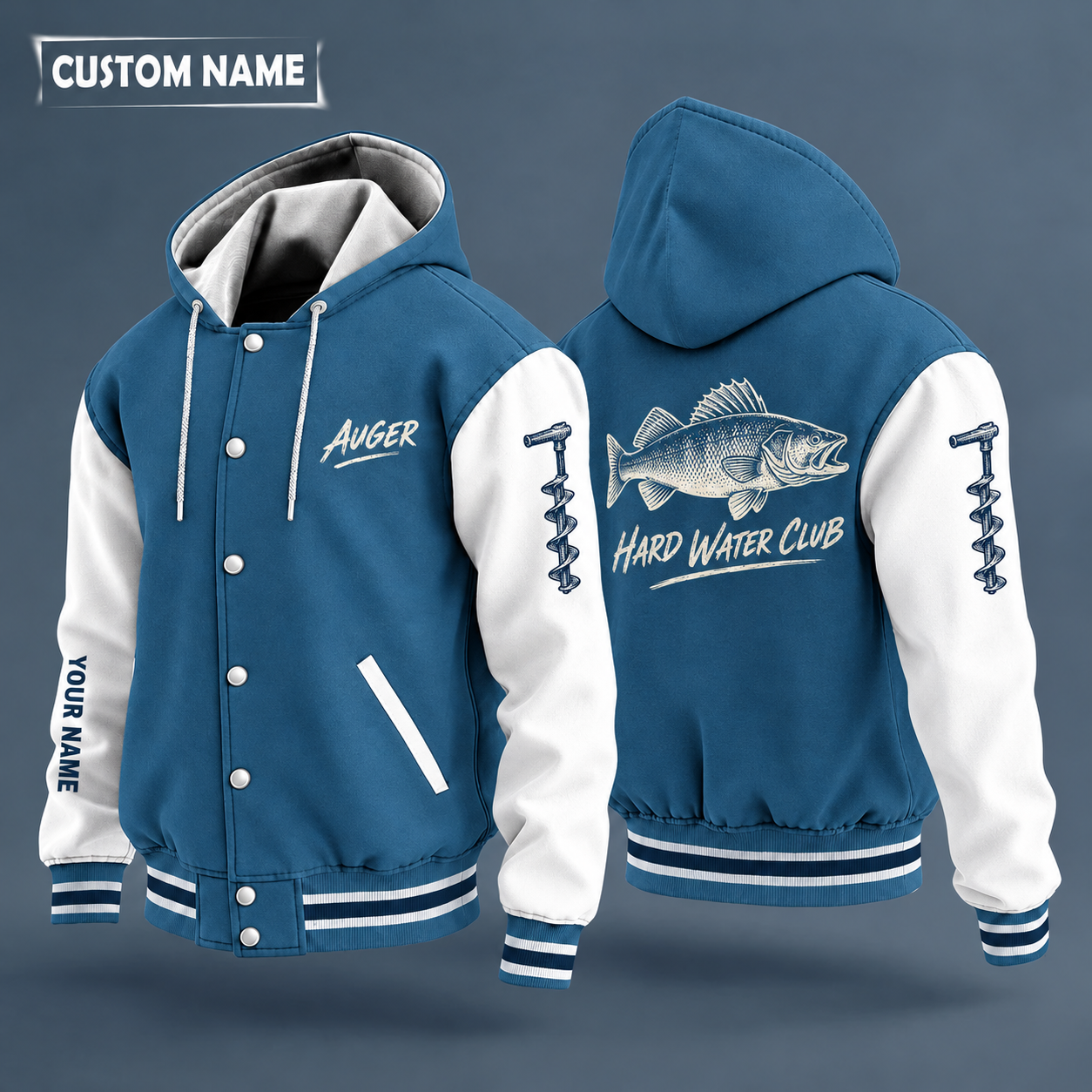 Hooded letterman jacket with white sleeves, walleye on the back, "AUGER" lettering and a custom name down one sleeve
