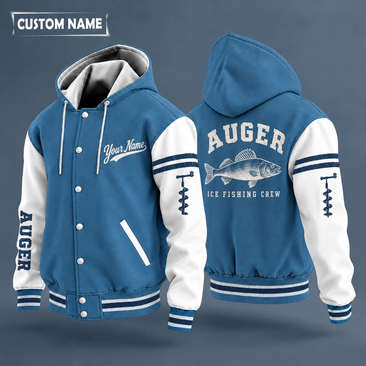 Hooded letterman jacket with white sleeves, walleye on the back, "AUGER" lettering and a custom name in script on the chest