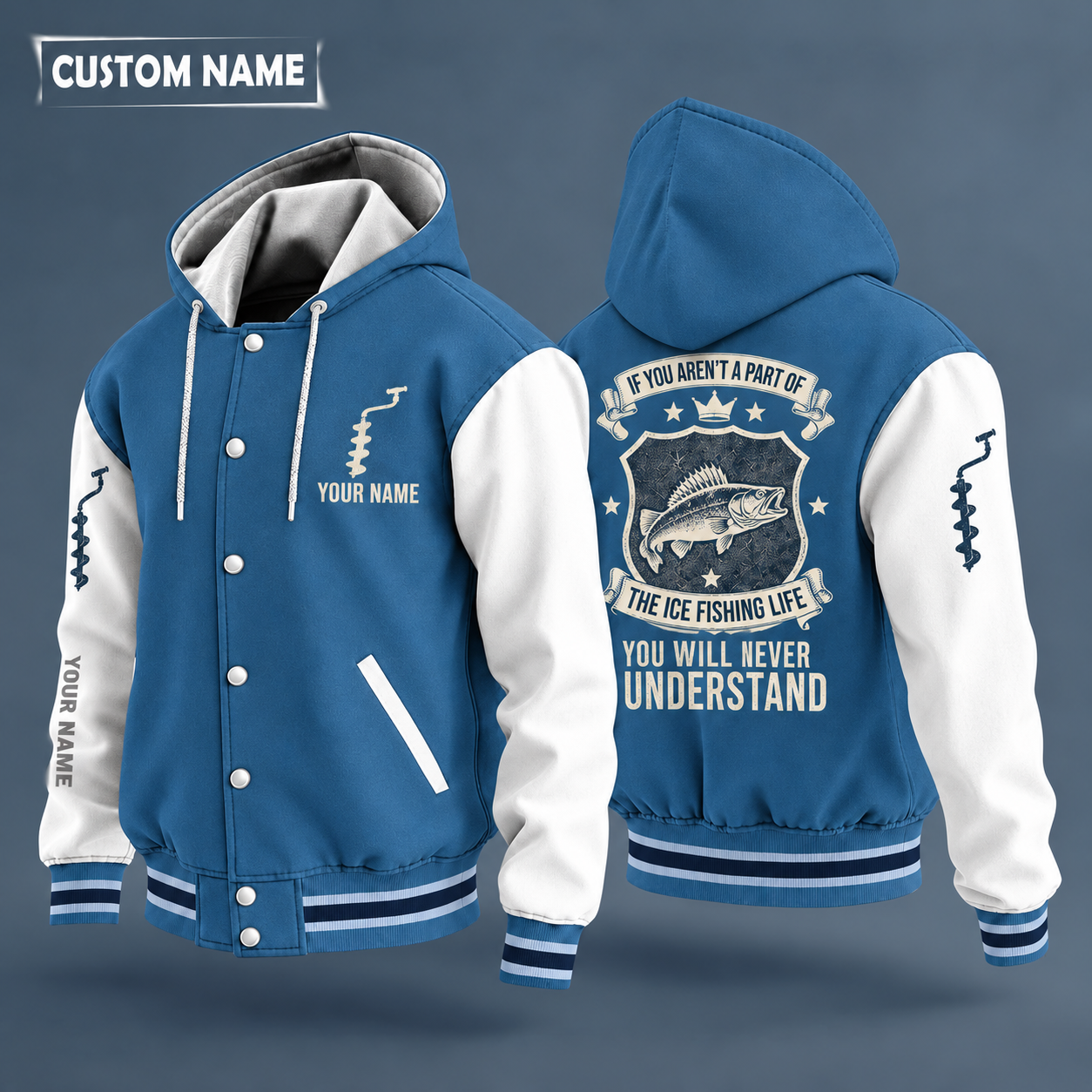 Hooded letterman jacket with white sleeves, walleye on the back, "GRANDPA" lettering and a custom name on the chest under a small icon