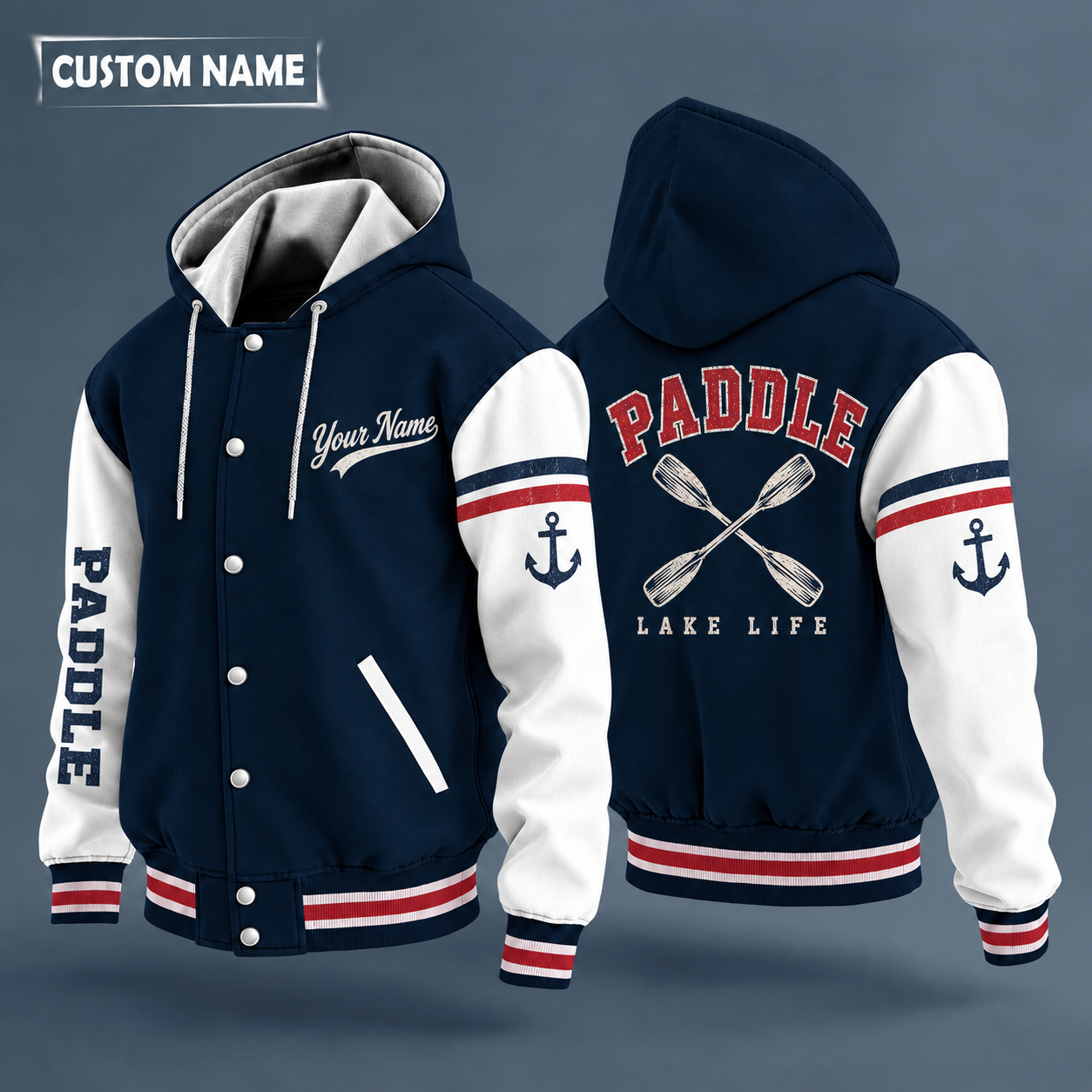 Hooded letterman jacket with white sleeves, crossed paddles on the back, "PADDLE" lettering and a custom name in script on the chest