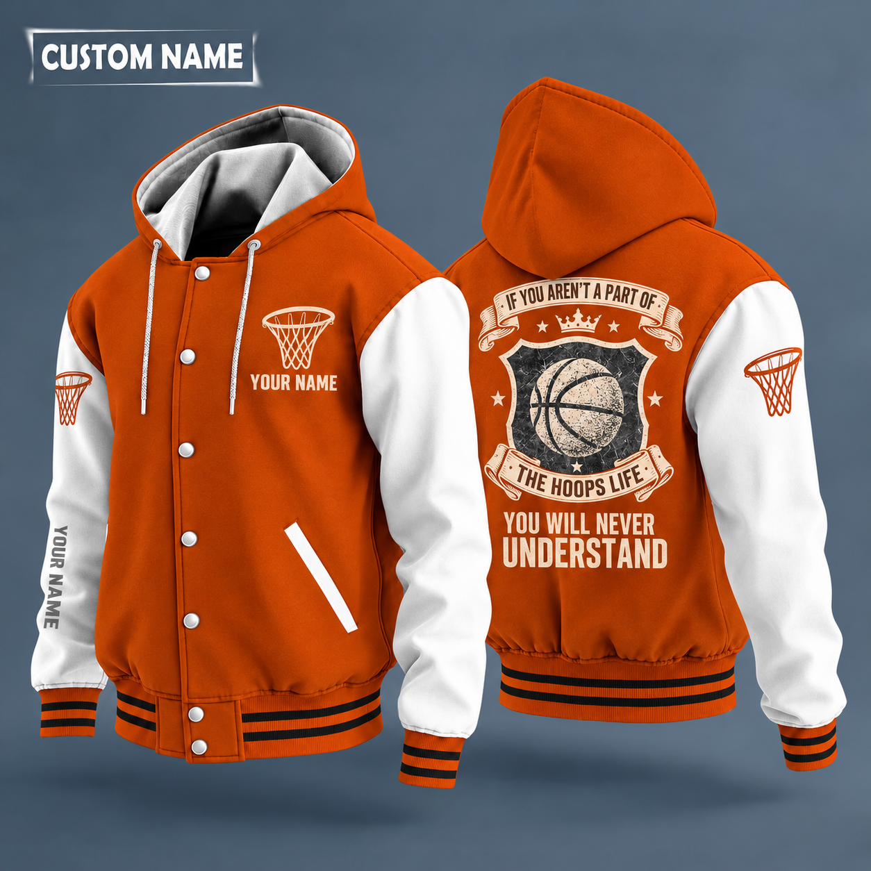 Hooded letterman jacket with white sleeves, basketball on the back, "BALLER" lettering and a custom name on the chest under a small icon