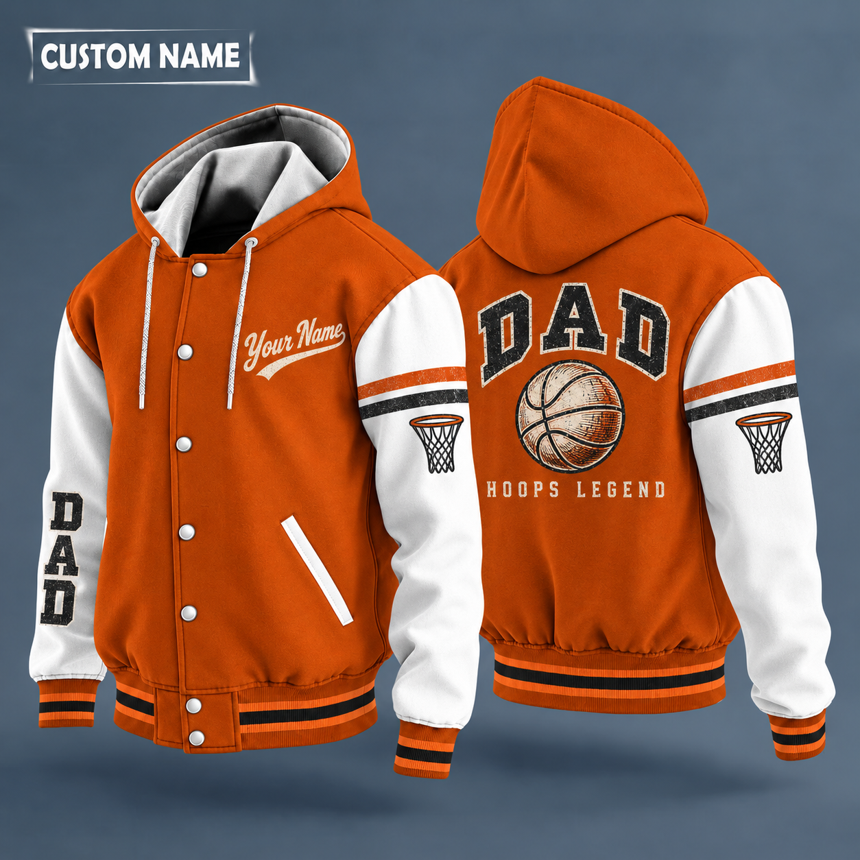 Hooded letterman jacket with white sleeves, basketball on the back, "DAD" lettering and a custom name in script on the chest