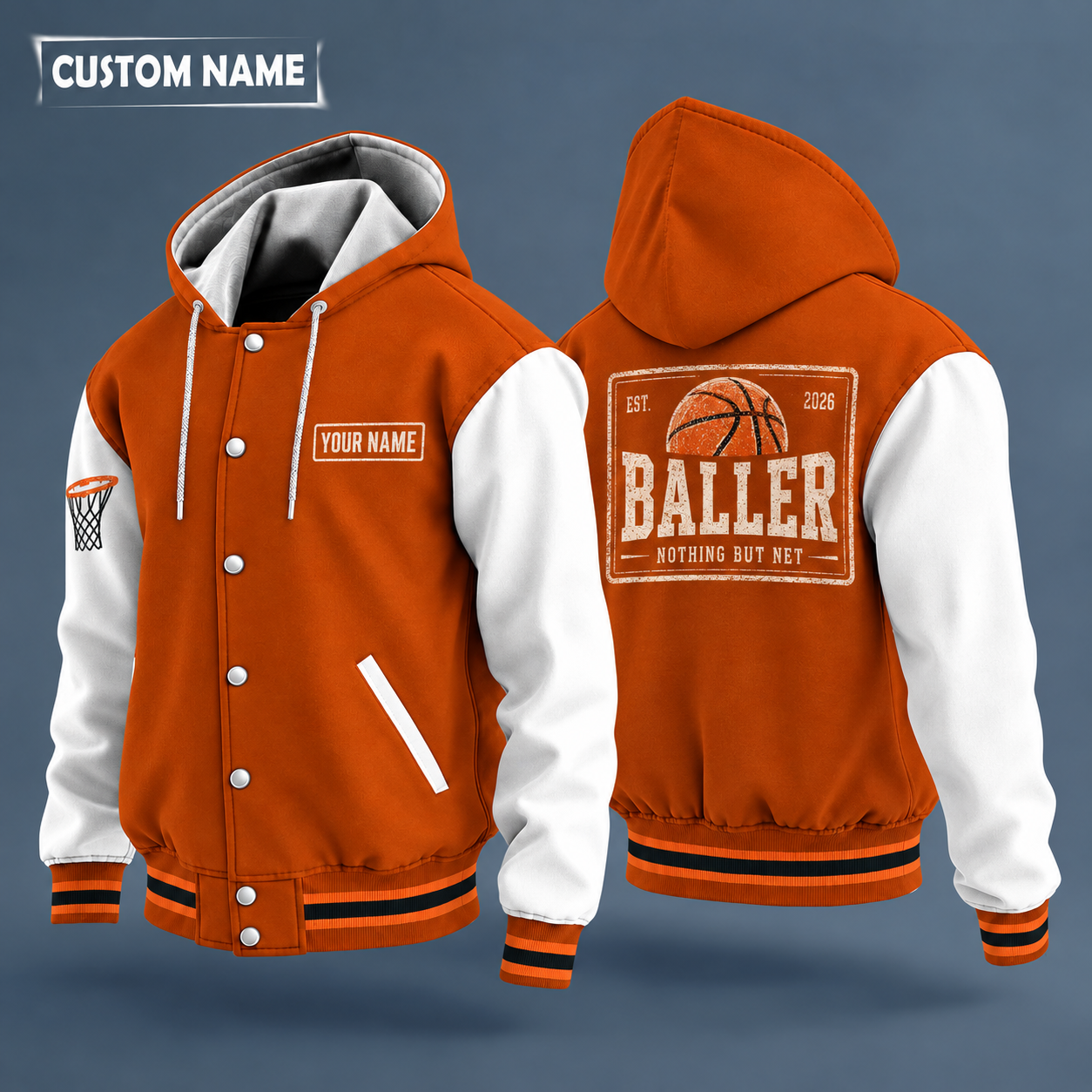 Hooded letterman jacket with white sleeves, basketball on the back, "BALLER" lettering and a custom name on a work-shirt style name tag print on the chest