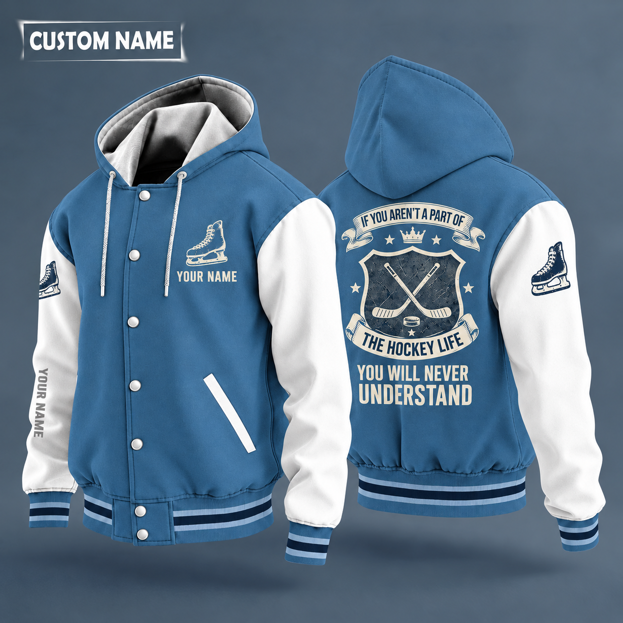 Hooded letterman jacket with white sleeves, puck and crossed hockey sticks with curved blades on the back, "RINK RAT" lettering and a custom name on the chest under a small icon