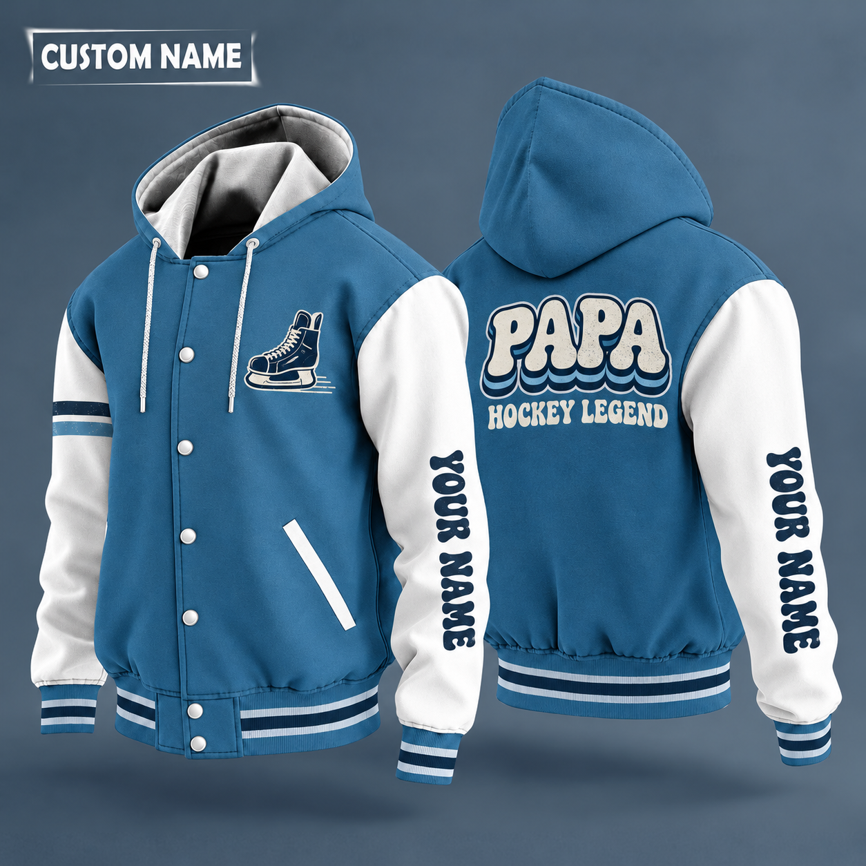 Hooded letterman jacket with white sleeves, puck and crossed hockey sticks with curved blades on the back, "PAPA" lettering and a custom name down one sleeve in a retro font