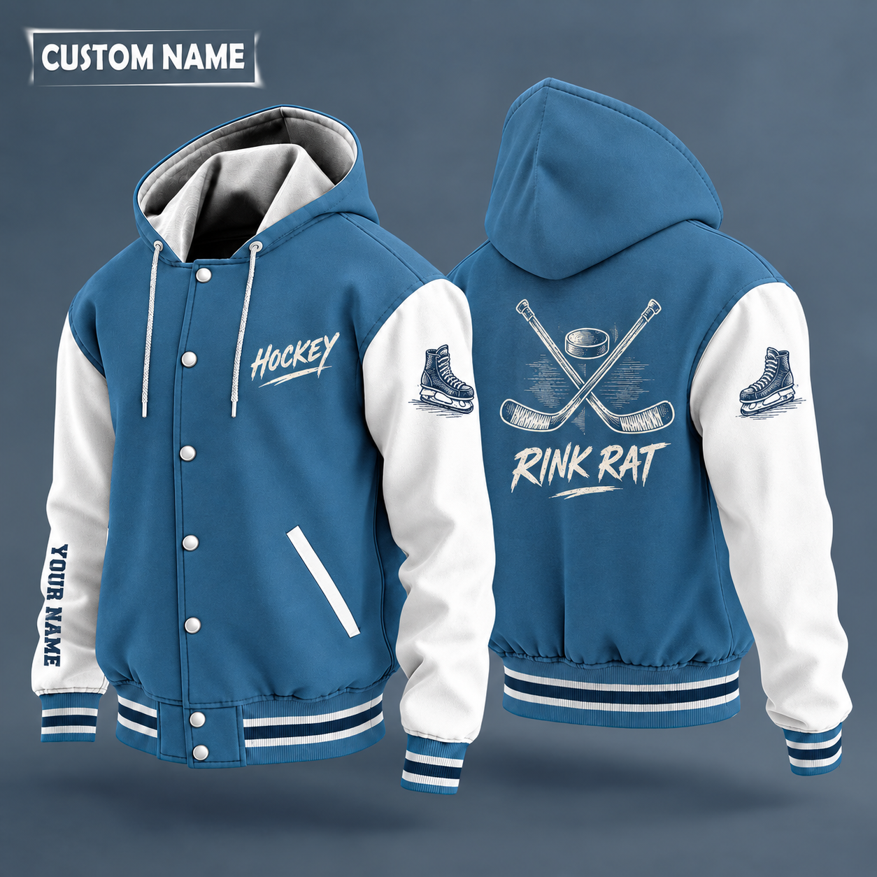 Hooded letterman jacket with white sleeves, puck and crossed hockey sticks with curved blades on the back, "HOCKEY" lettering and a custom name down one sleeve