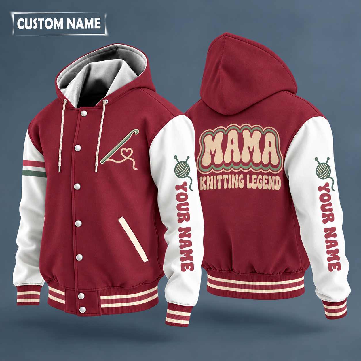 Hooded letterman jacket with white sleeves, yarn ball with needles on the back, "MAMA" lettering and a custom name down one sleeve in a retro font