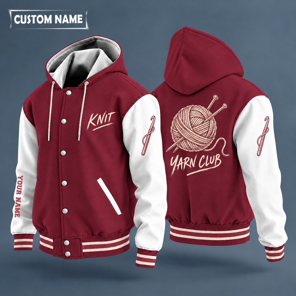 Hooded letterman jacket with white sleeves, yarn ball with needles on the back, "KNIT" lettering and a custom name down one sleeve