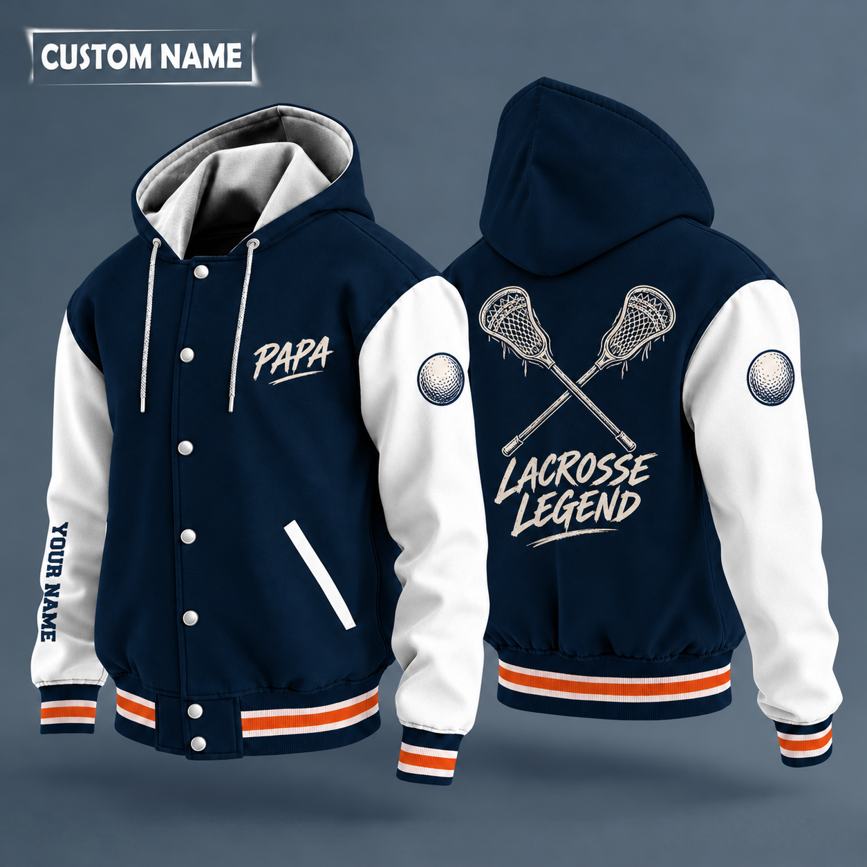 Hooded letterman jacket with white sleeves, crossed lacrosse sticks on the back, "PAPA" lettering and a custom name down one sleeve