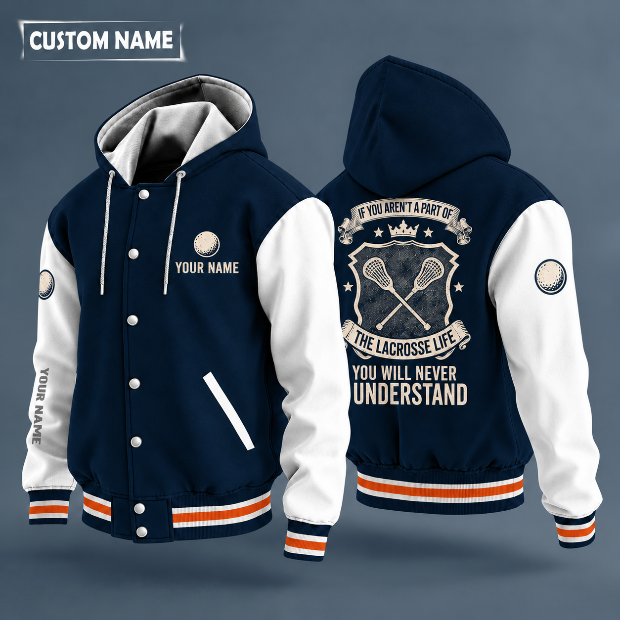 Hooded letterman jacket with white sleeves, crossed lacrosse sticks on the back, "LACROSSE" lettering and a custom name on the chest under a small icon
