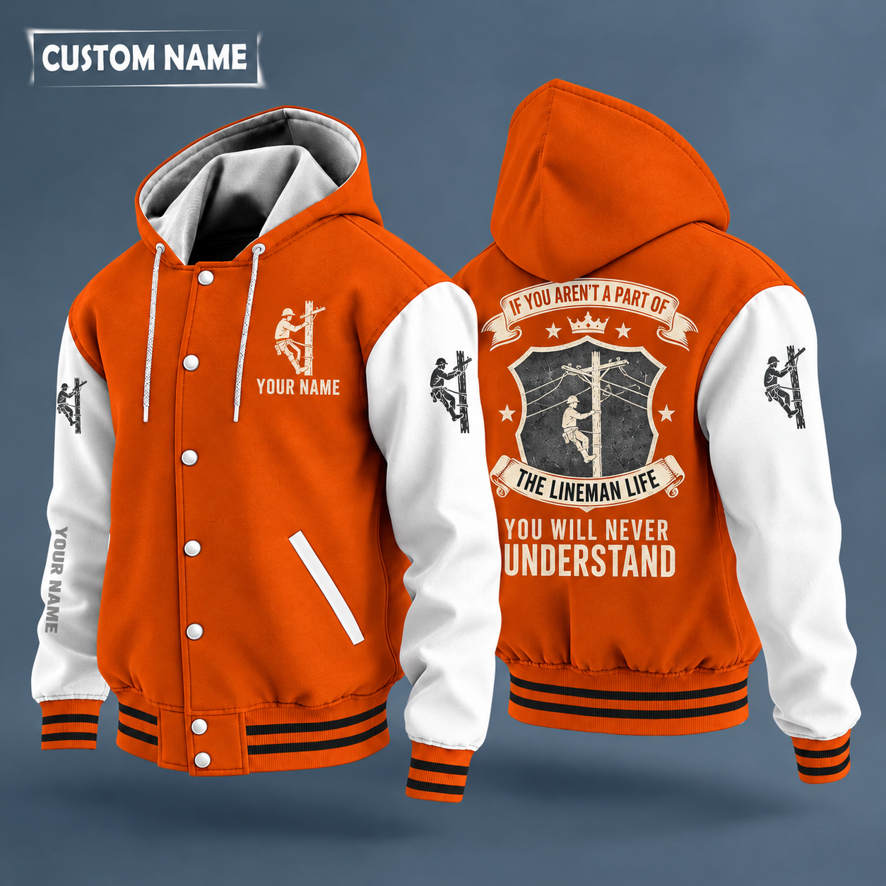 Hooded letterman jacket with white sleeves, utility pole with wires on the back, "POWER" lettering and a custom name on the chest under a small icon