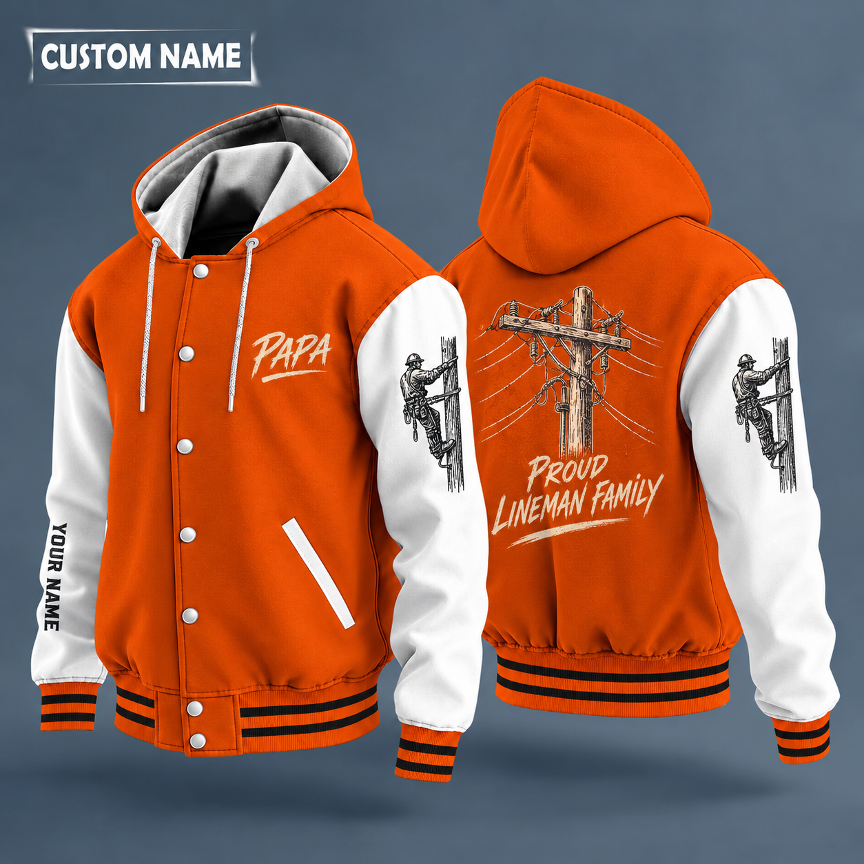 Hooded letterman jacket with white sleeves, utility pole with wires on the back, "PAPA" lettering and a custom name down one sleeve