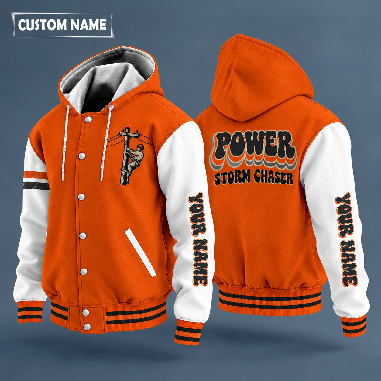 Hooded letterman jacket with white sleeves, utility pole with wires on the back, "POWER" lettering and a custom name down one sleeve in a retro font
