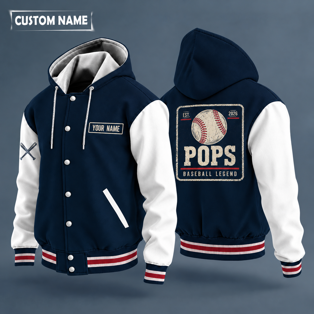 Hooded letterman jacket with white sleeves, baseball with red stitches on the back, "POPS" lettering and a custom name on a work-shirt style name tag print on the chest